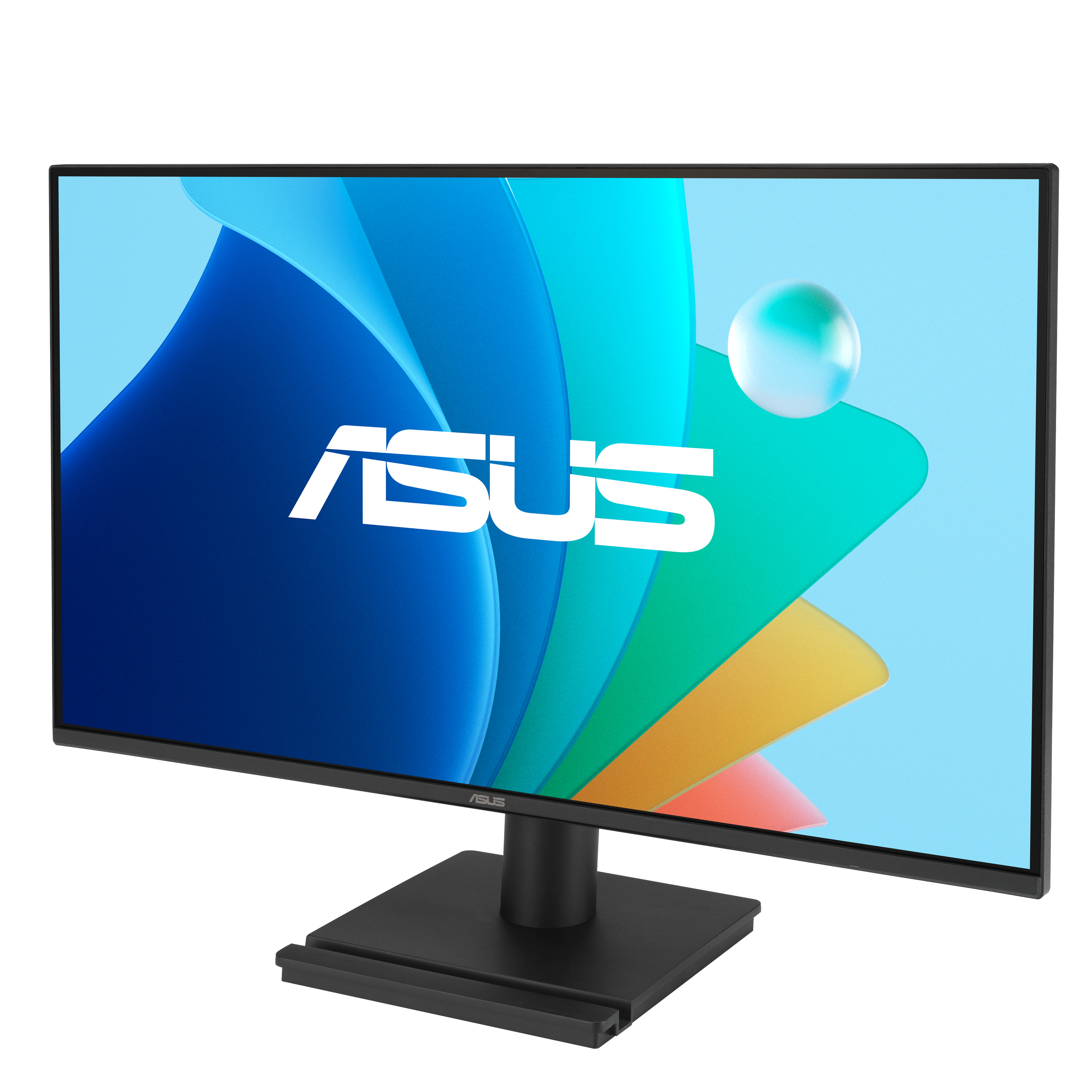 Ein schwarzer Asus-Monitor mit einem bunten Hintergrund und dem Asus-Logo.