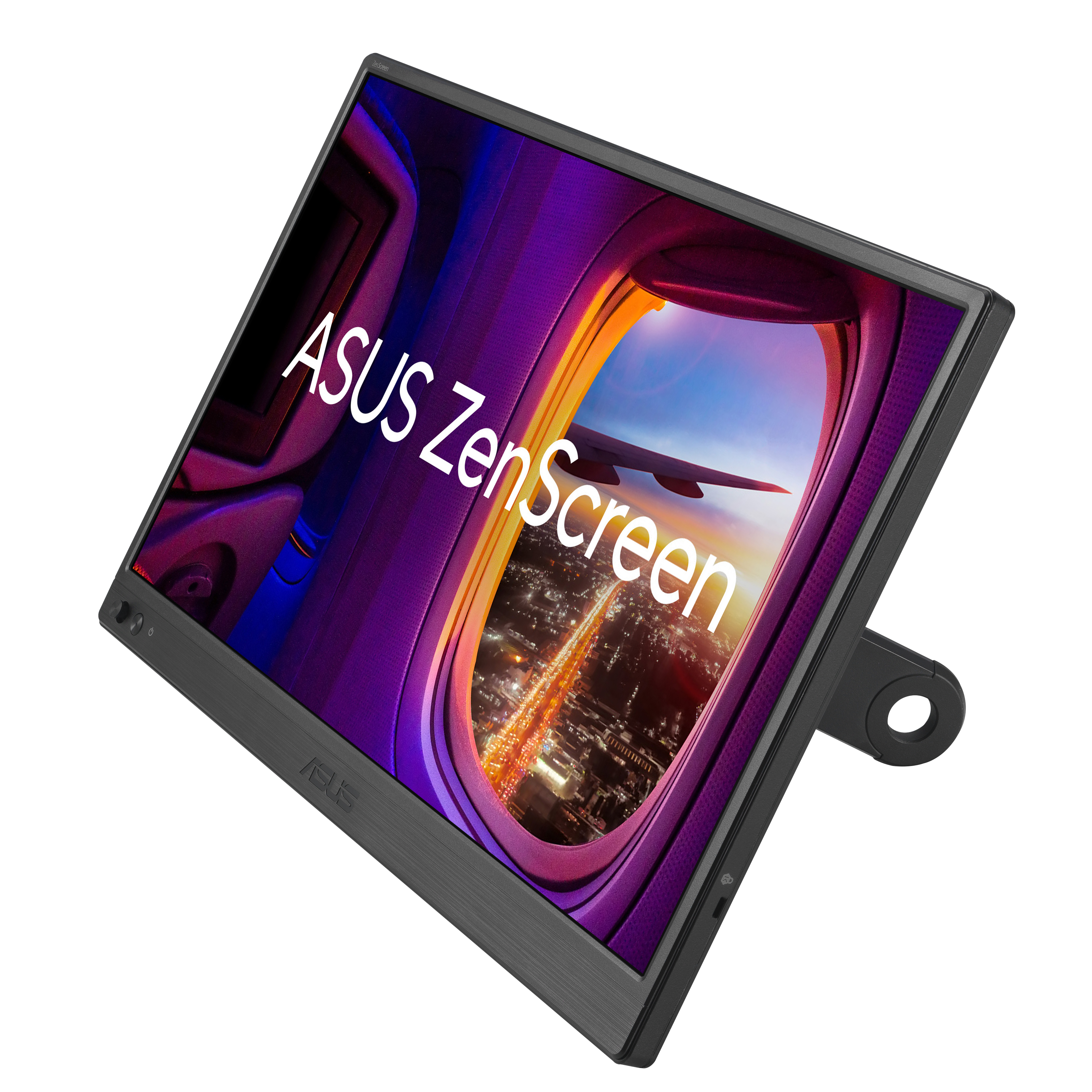 Monitor ASUS ZenScreen wyświetla widok z okna samolotu z światłami miasta, skrzydłem i niebem. Jest czarny i pod kątem.