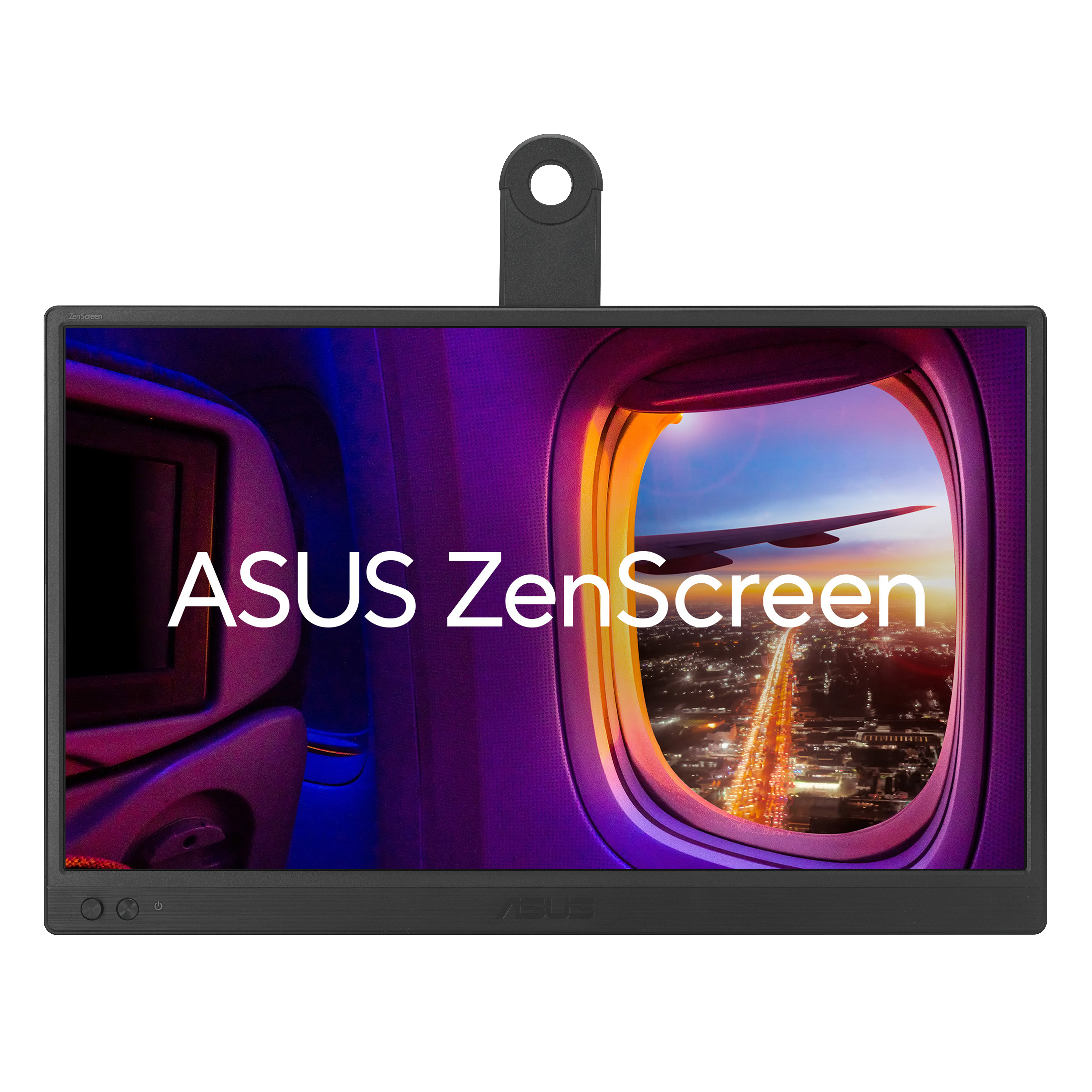 Monitor ASUS ZenScreen. Wyświetlacz pokazuje widok z okna samolotu na miasto o zachodzie słońca. Monitor ma czarną ramę i podstawkę.