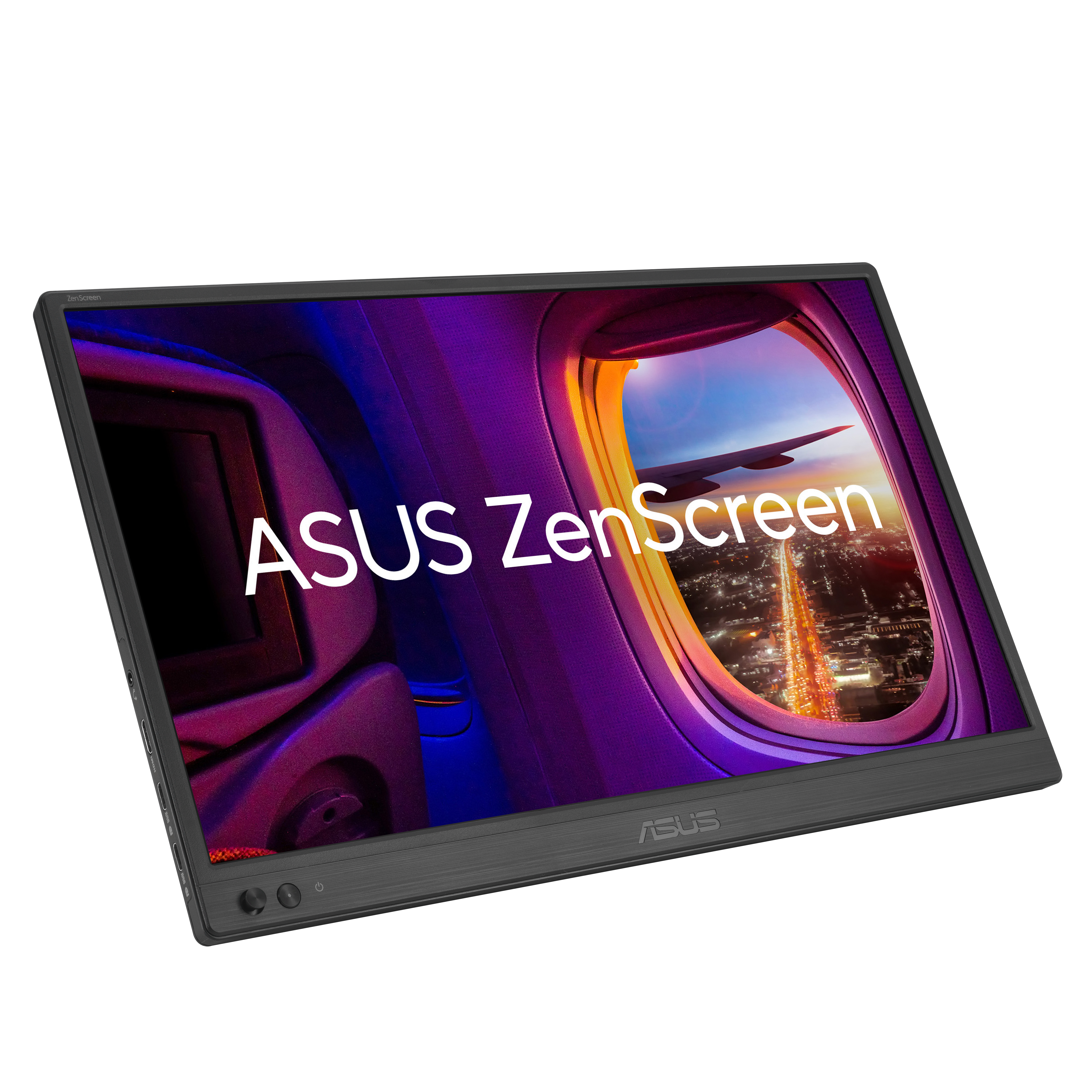 Monitor ASUS ZenScreen wyświetlający widok z okna samolotu na nocny krajobraz miejski. Monitor jest czarny.