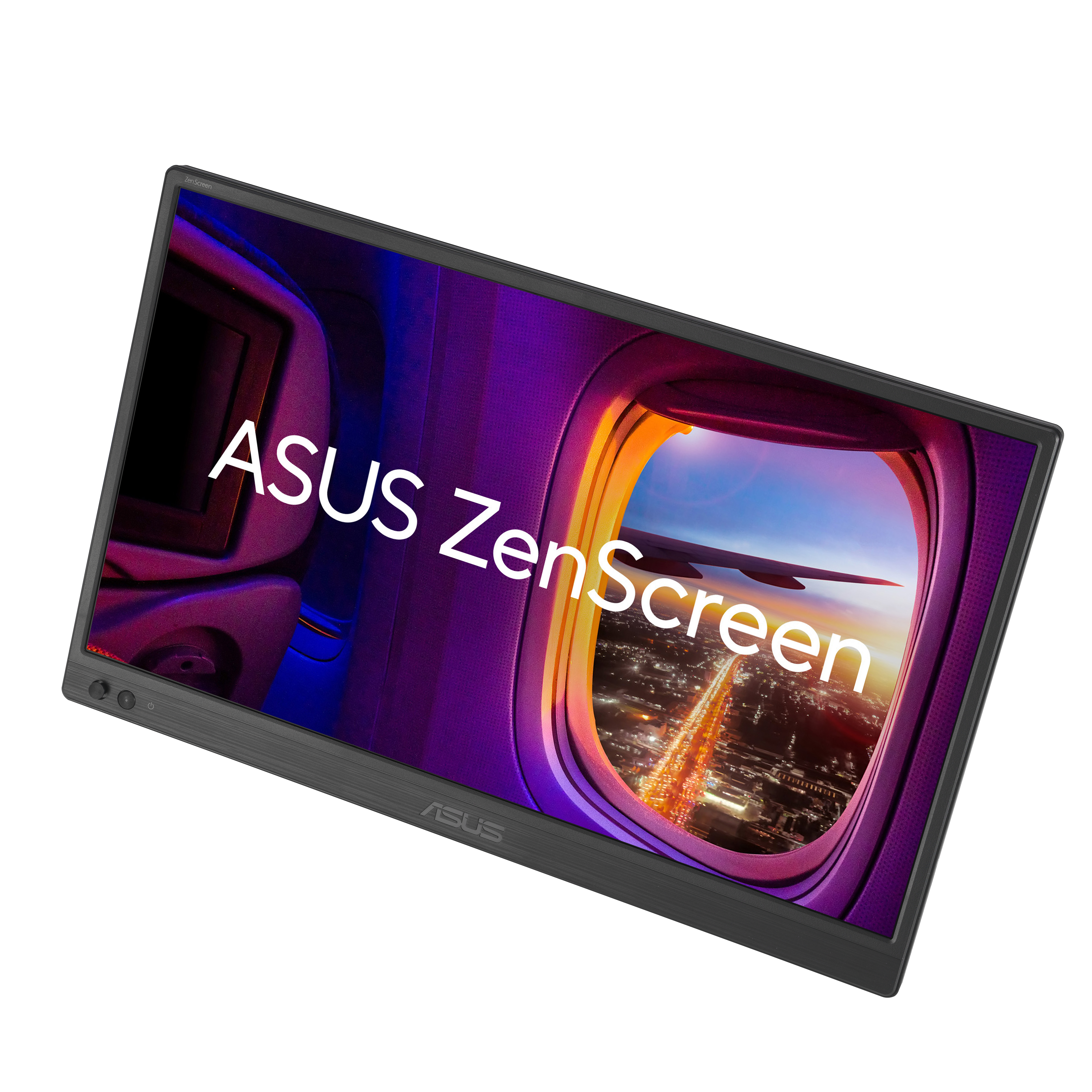 Monitor ASUS ZenScreen wyświetla widok z okna samolotu. Ekran pokazuje miasto nocą ze światłami, widziane z samolotu.
