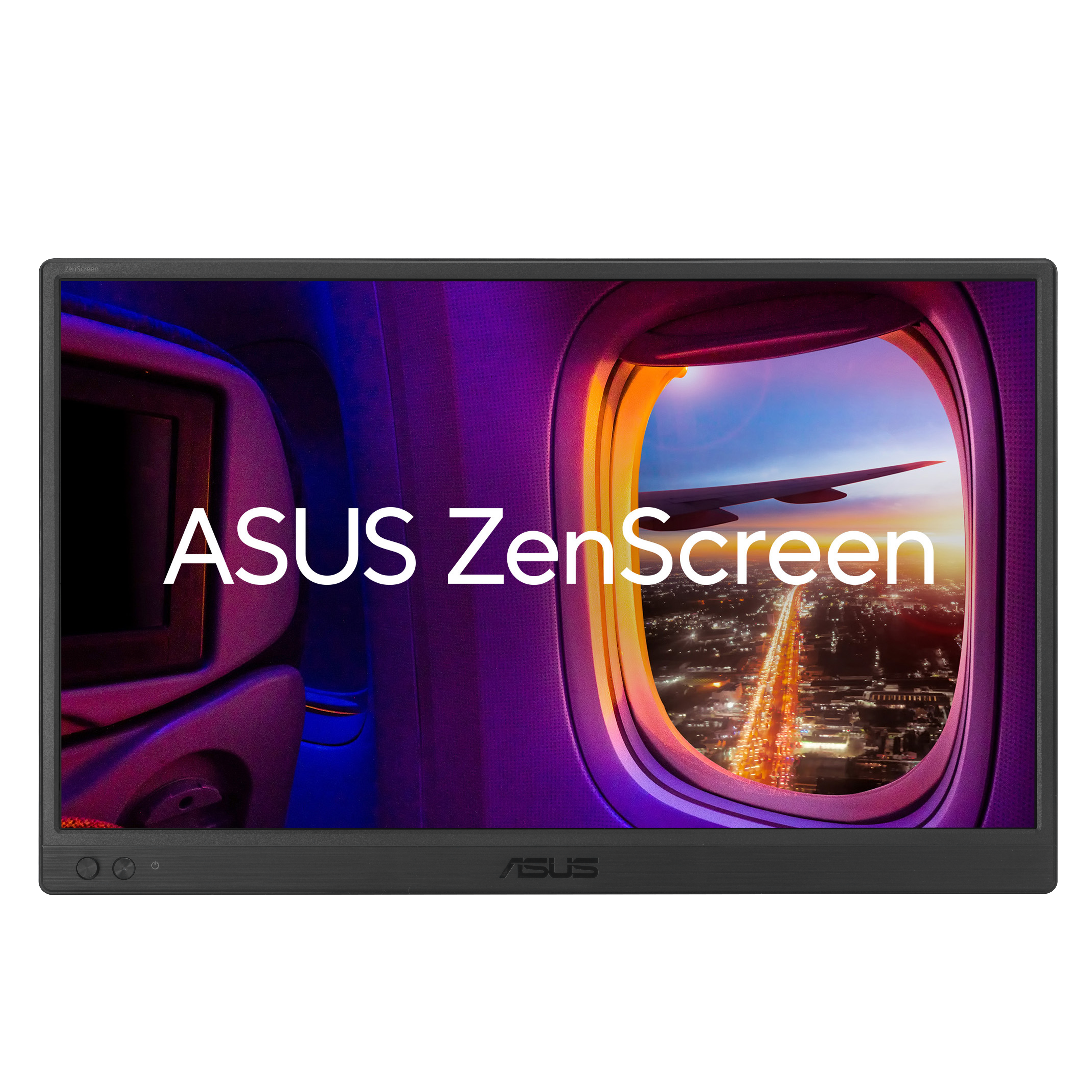 Monitor ASUS ZenScreen z widokiem z okna samolotu. Światła miasta widoczne za oknem. Ekran ma czarną ramkę.