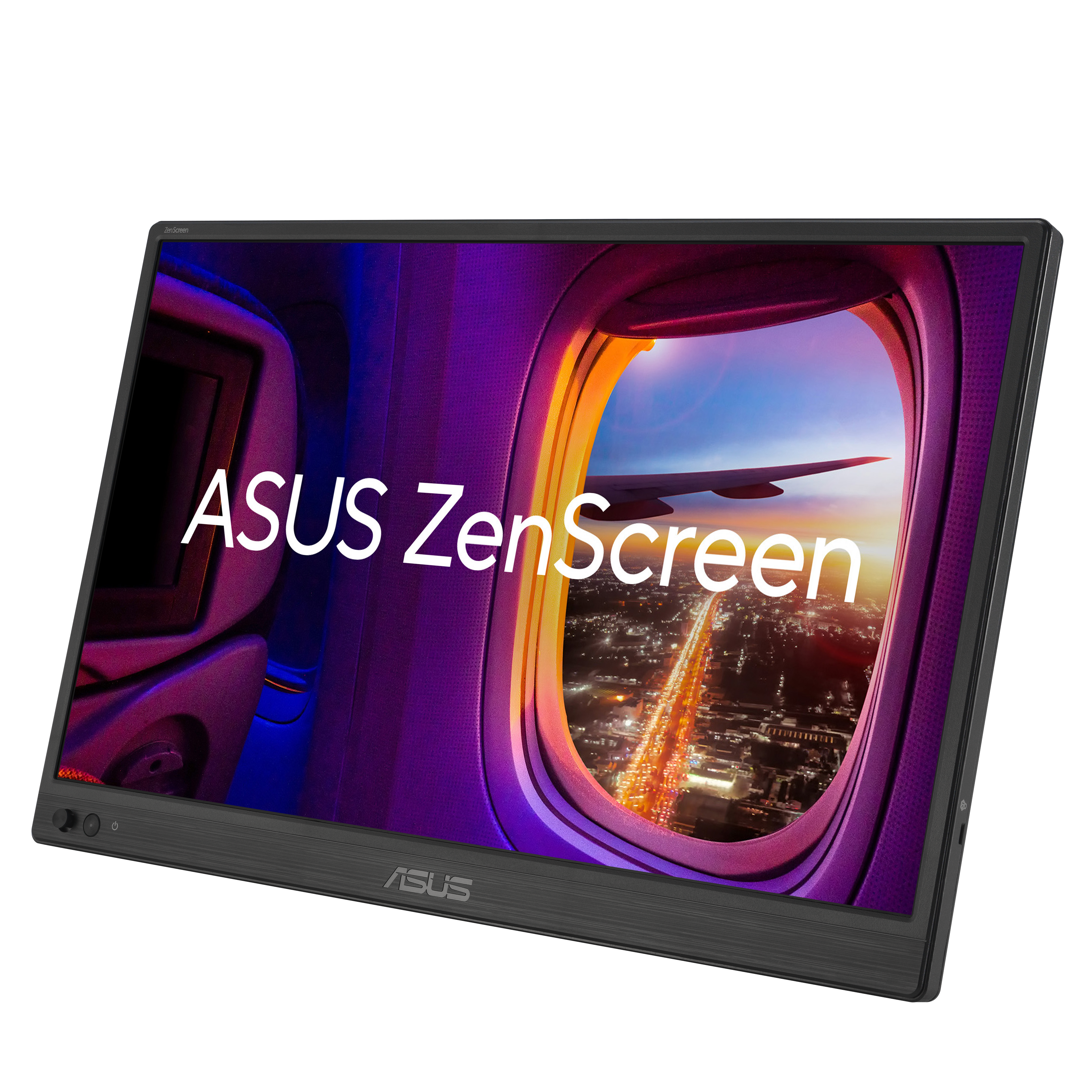 Monitor ASUS ZenScreen. Wyświetla widok z okna samolotu ze skrzydłem, światłami miasta i zachodem słońca. Czarna ramka z logo ASUS.