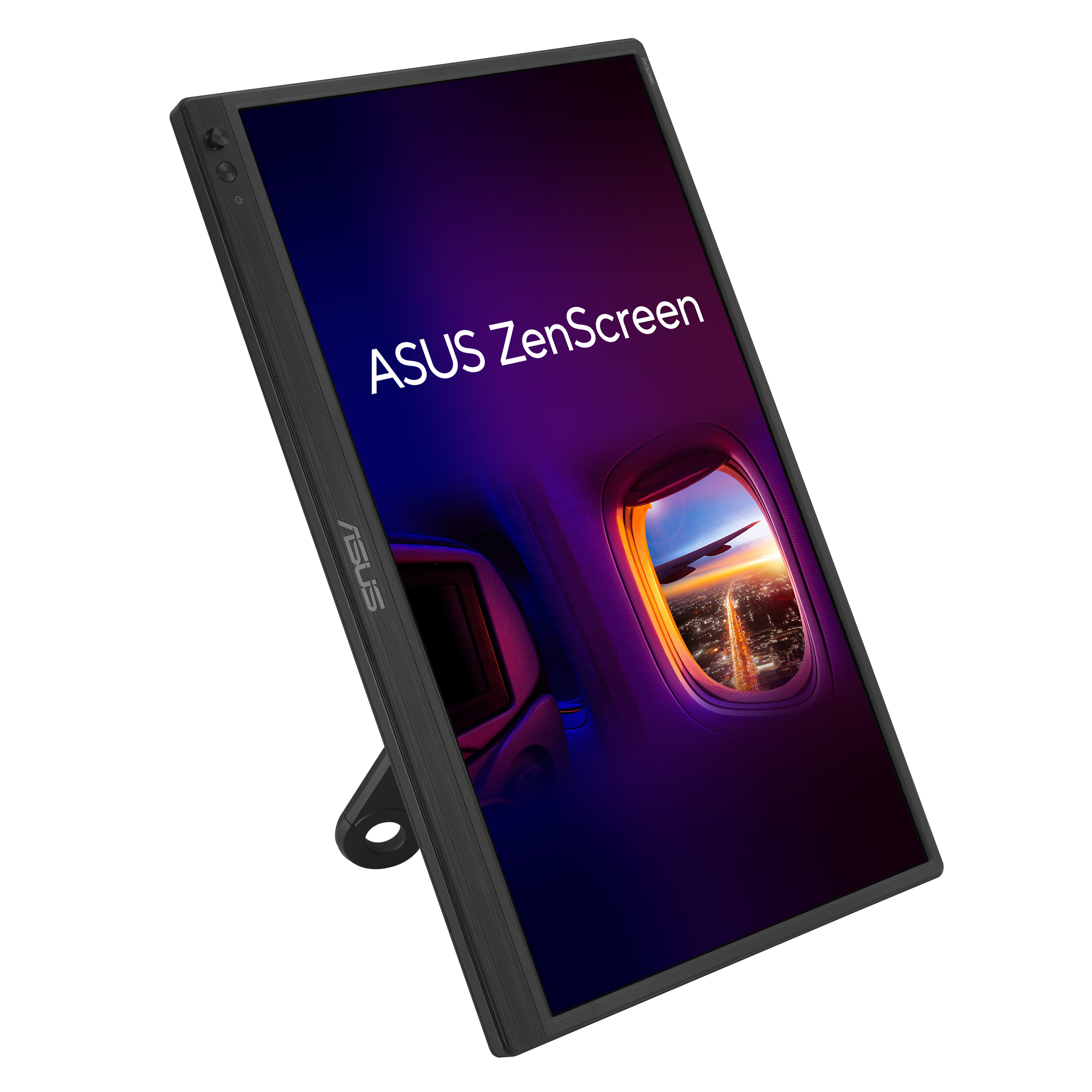 Wyświetlacz ASUS ZenScreen, pokazujący widok z okna samolotu. Ekran jest ustawiony pod kątem na czarnym tle.