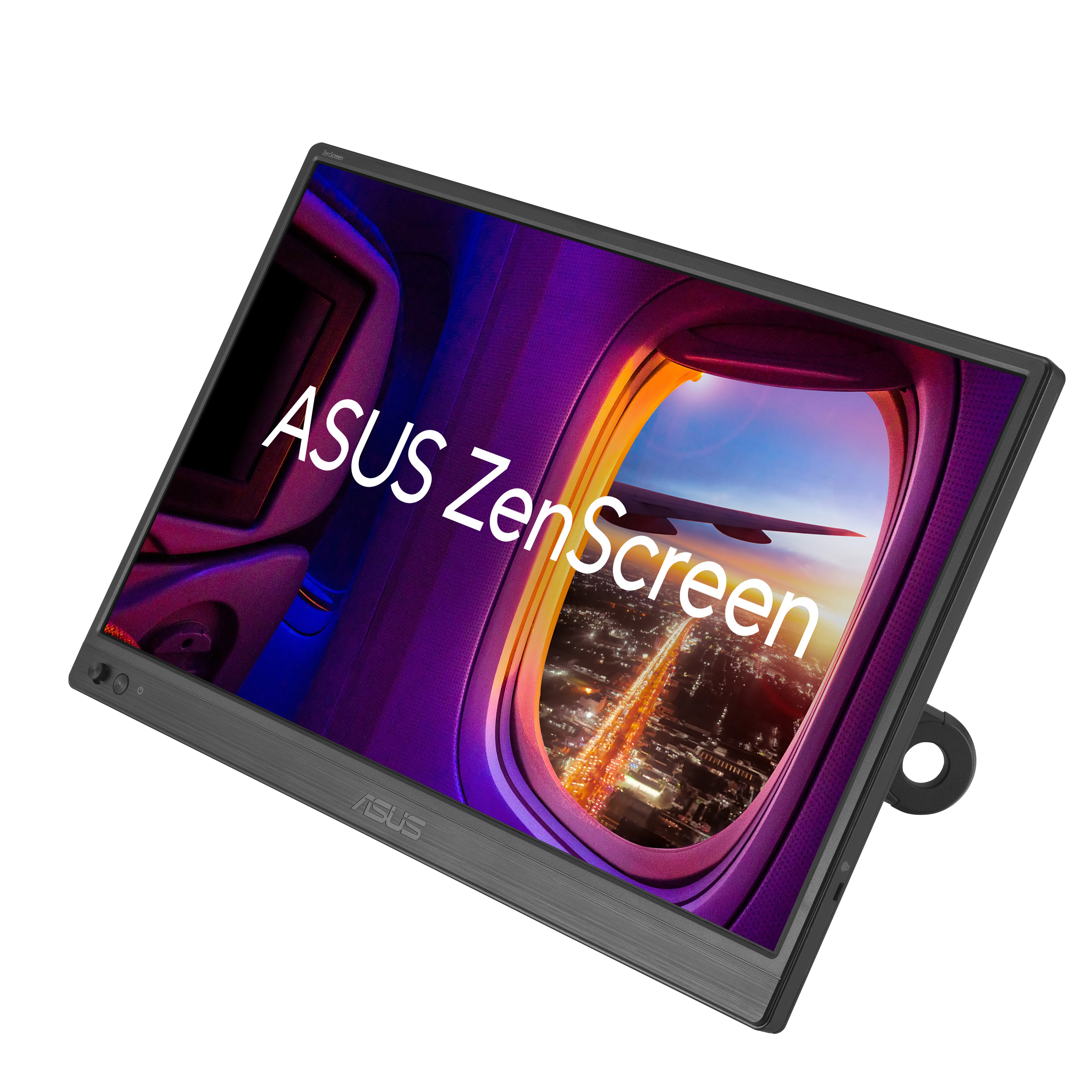 Monitor ASUS ZenScreen pokazuje widok z okna samolotu. Ekran jest obramowany na czarno, z logo ASUS.