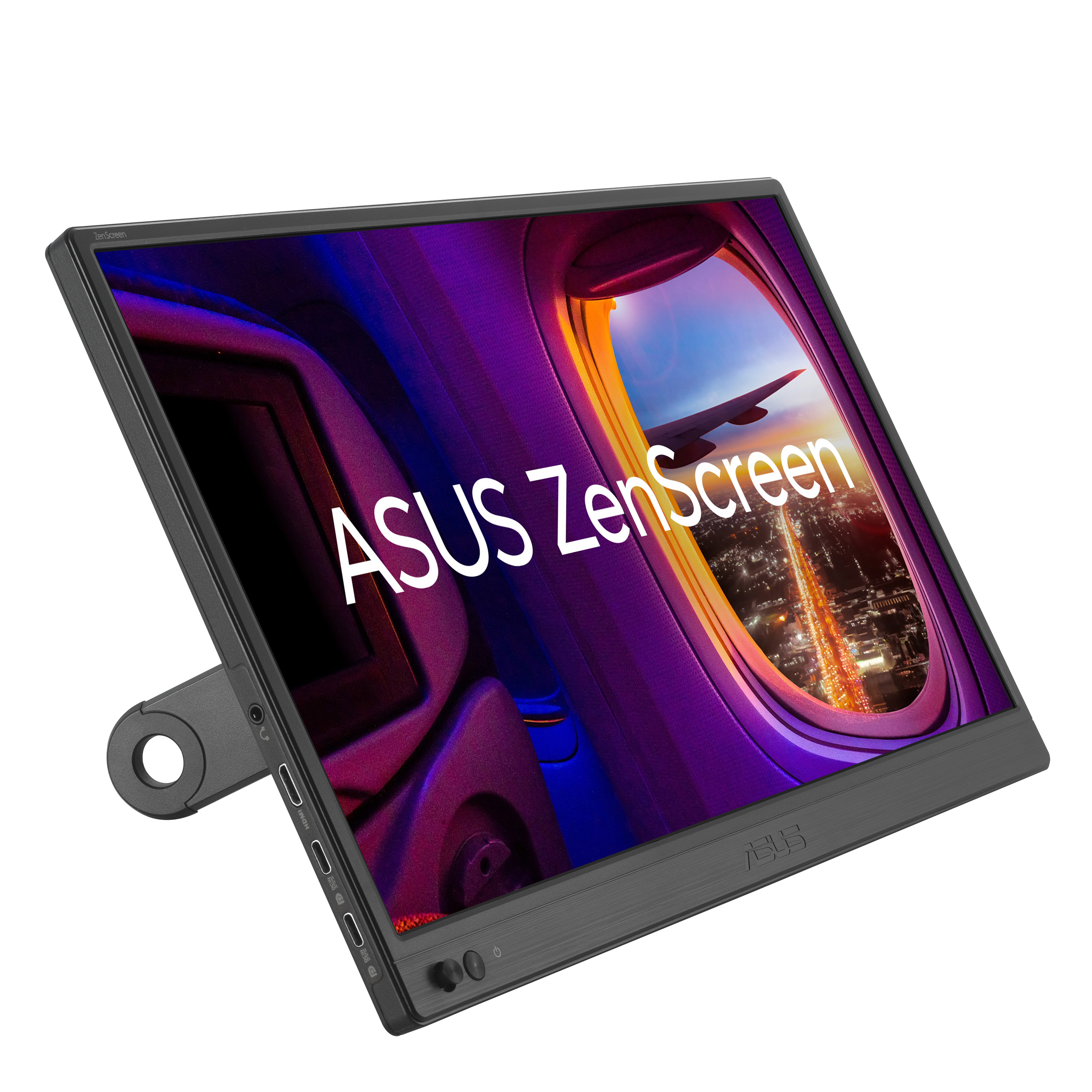 Monitor ASUS ZenScreen wyświetla widok z okna samolotu. Ekran jest czarny i ma podstawkę. Tło jest fioletowe i pomarańczowe.