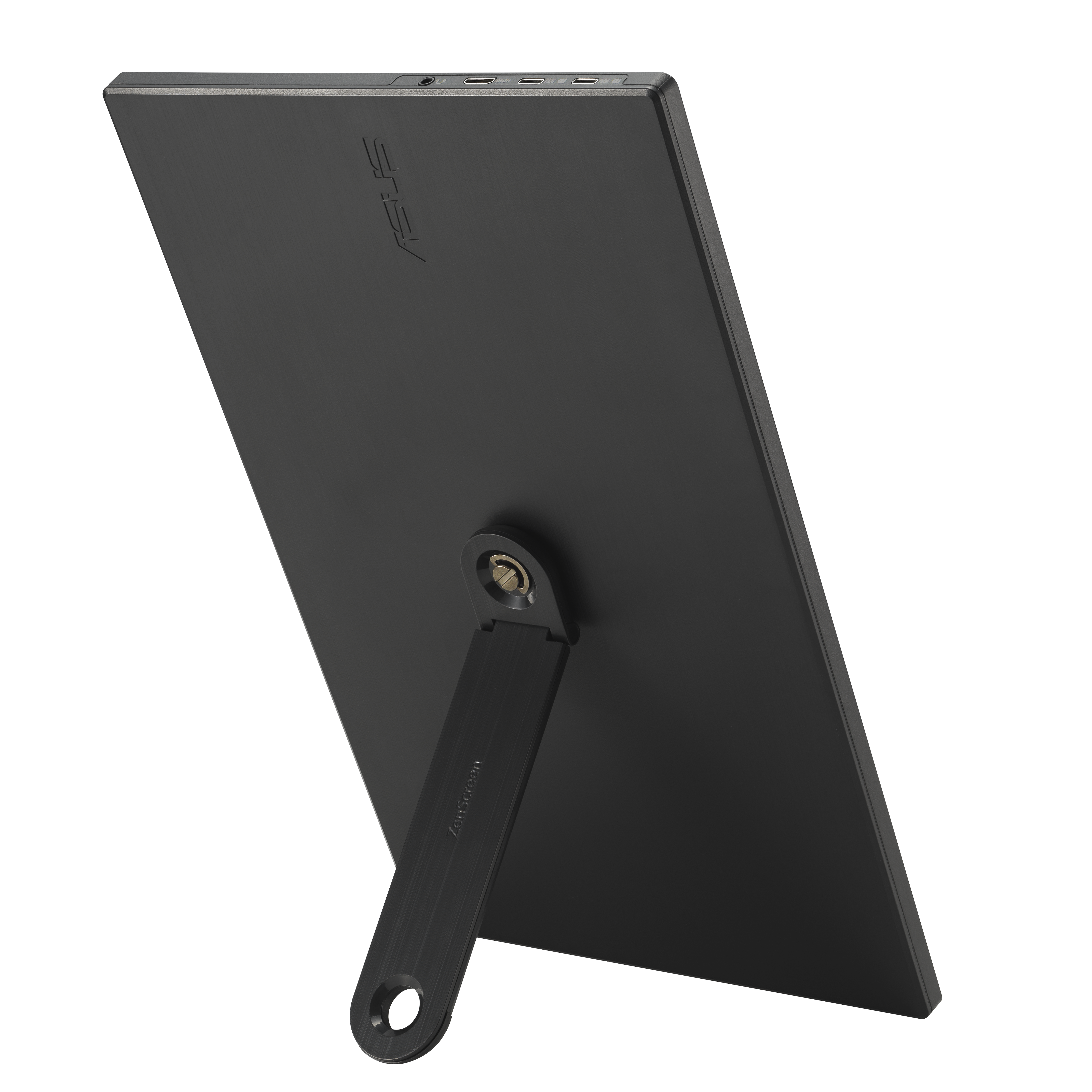 Czarny monitor Asus ze stojakiem jest pochylony w stronę widza. Stojak ma mały otwór na dole. Ekran wyświetla logo Asus.