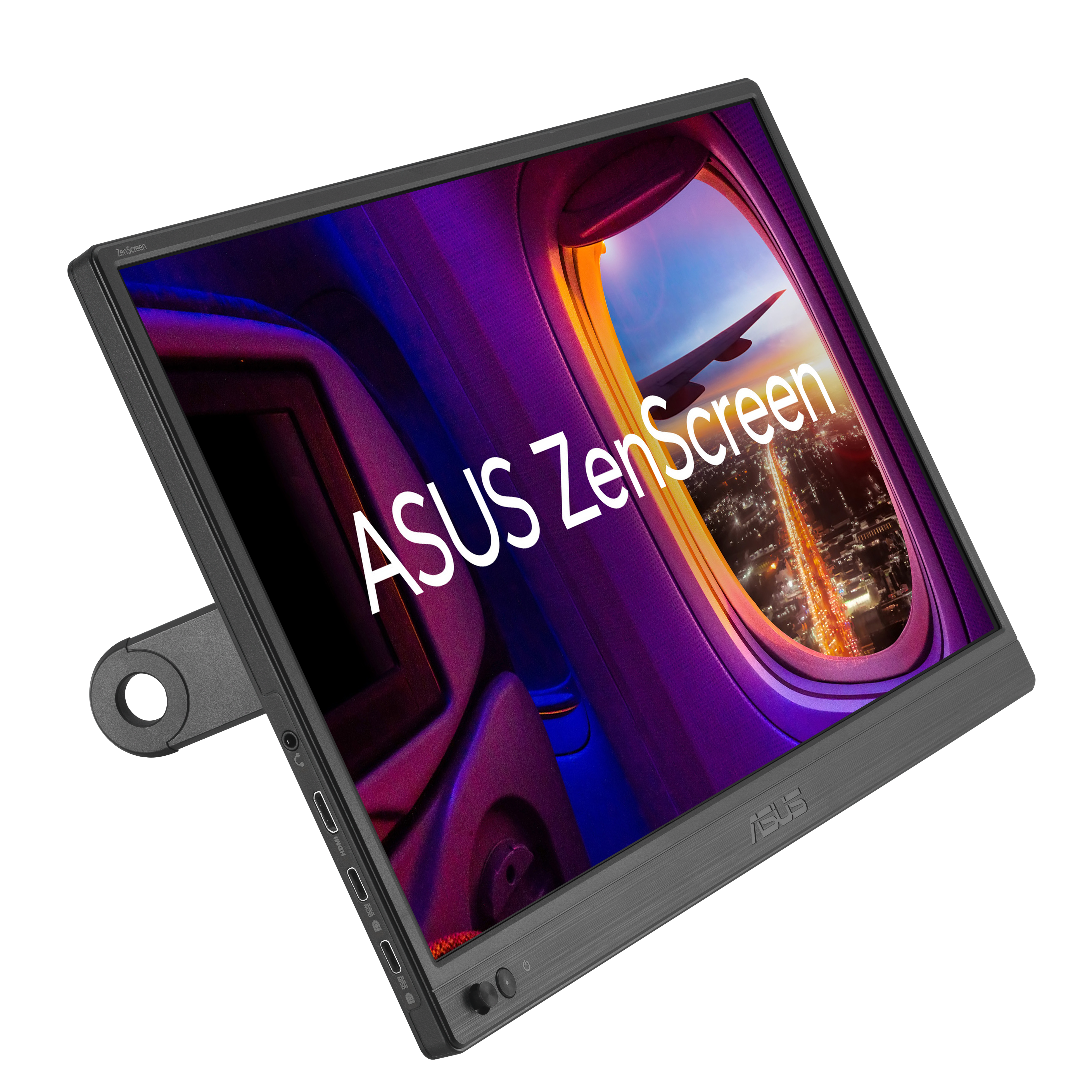 Monitor ASUS ZenScreen pokazuje widok z samolotu. Ekran ma logo ASUS i jest podparty przez stojak.
