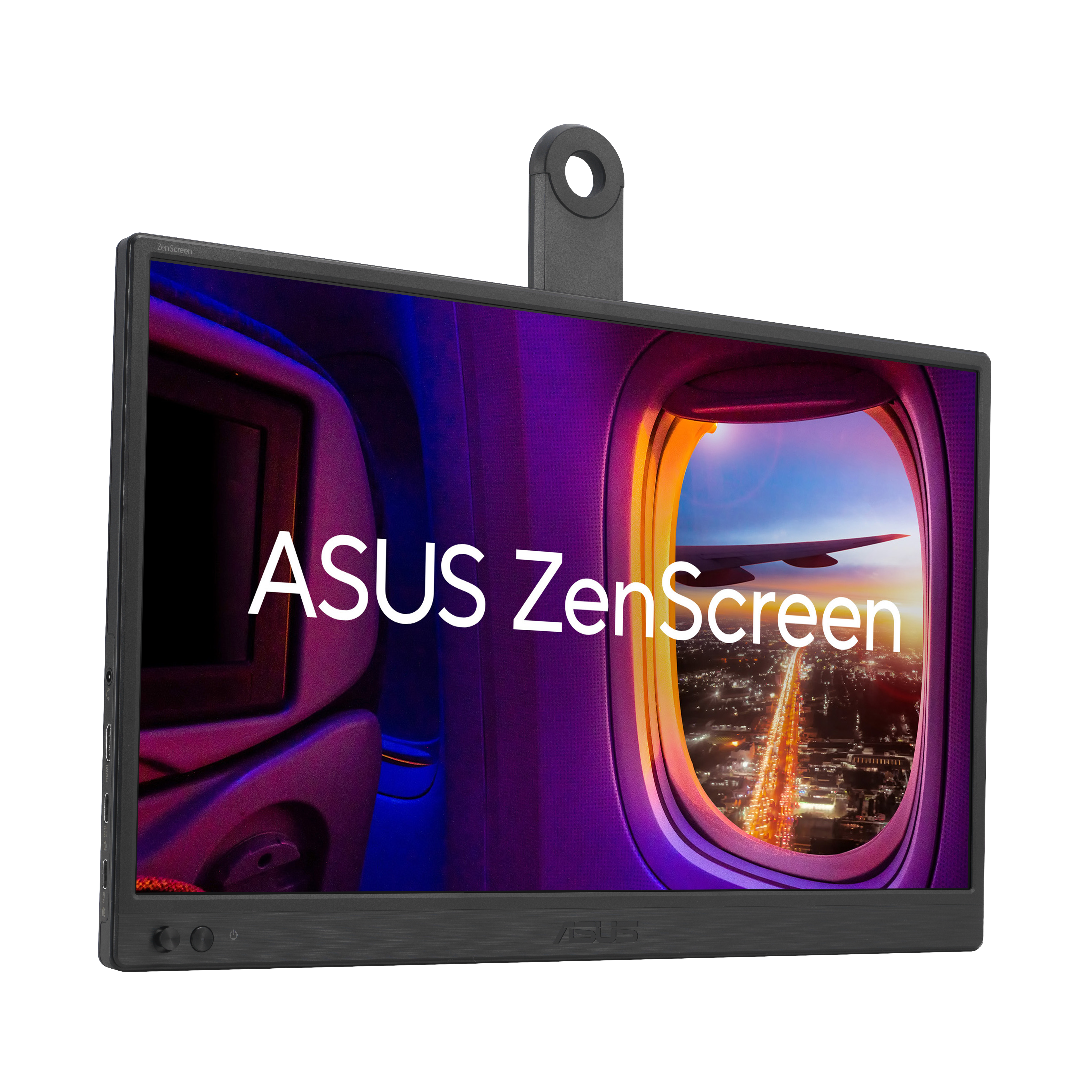 Monitor ASUS ZenScreen z ekranem wyświetlającym widok z okna samolotu, światła i tekst. Czarna ramka i czarny uchwyt.