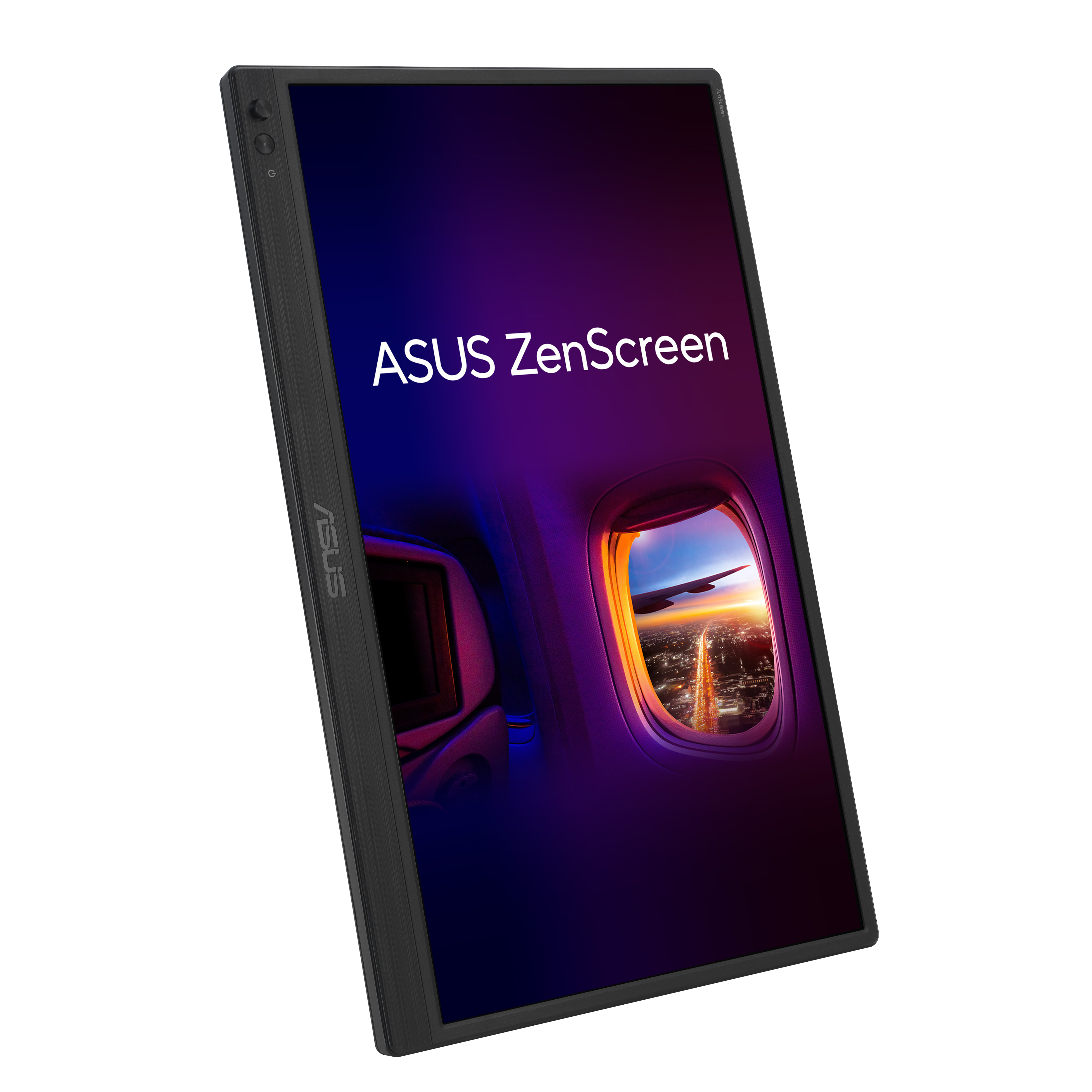 ASUS ZenScreen na wyświetlaczu. Ekran pokazuje widok z okna samolotu na miasto o zachodzie słońca. Czarne tło.