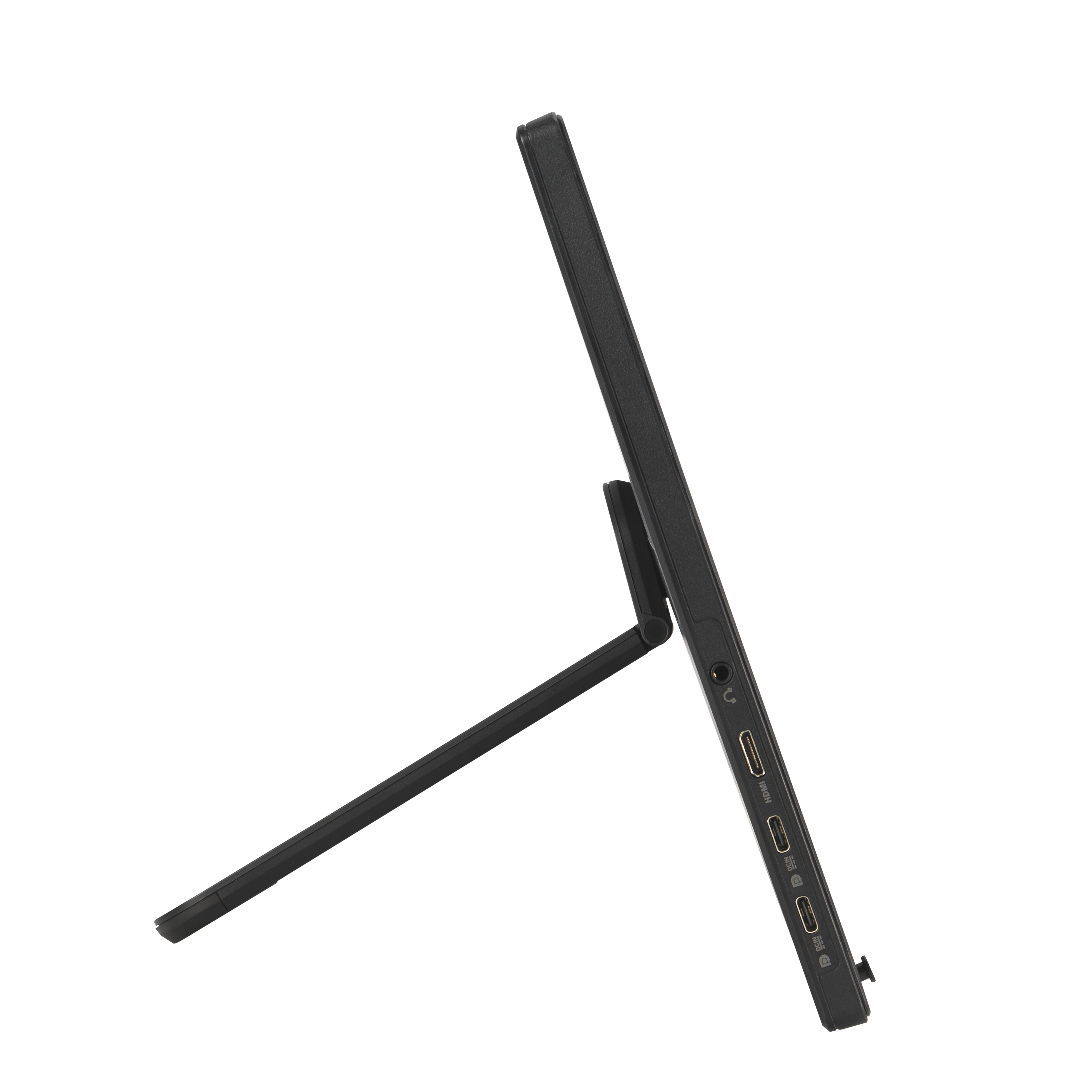 Czarny tablet z podstawką na czarnym tle. Na boku tabletu widoczne porty.