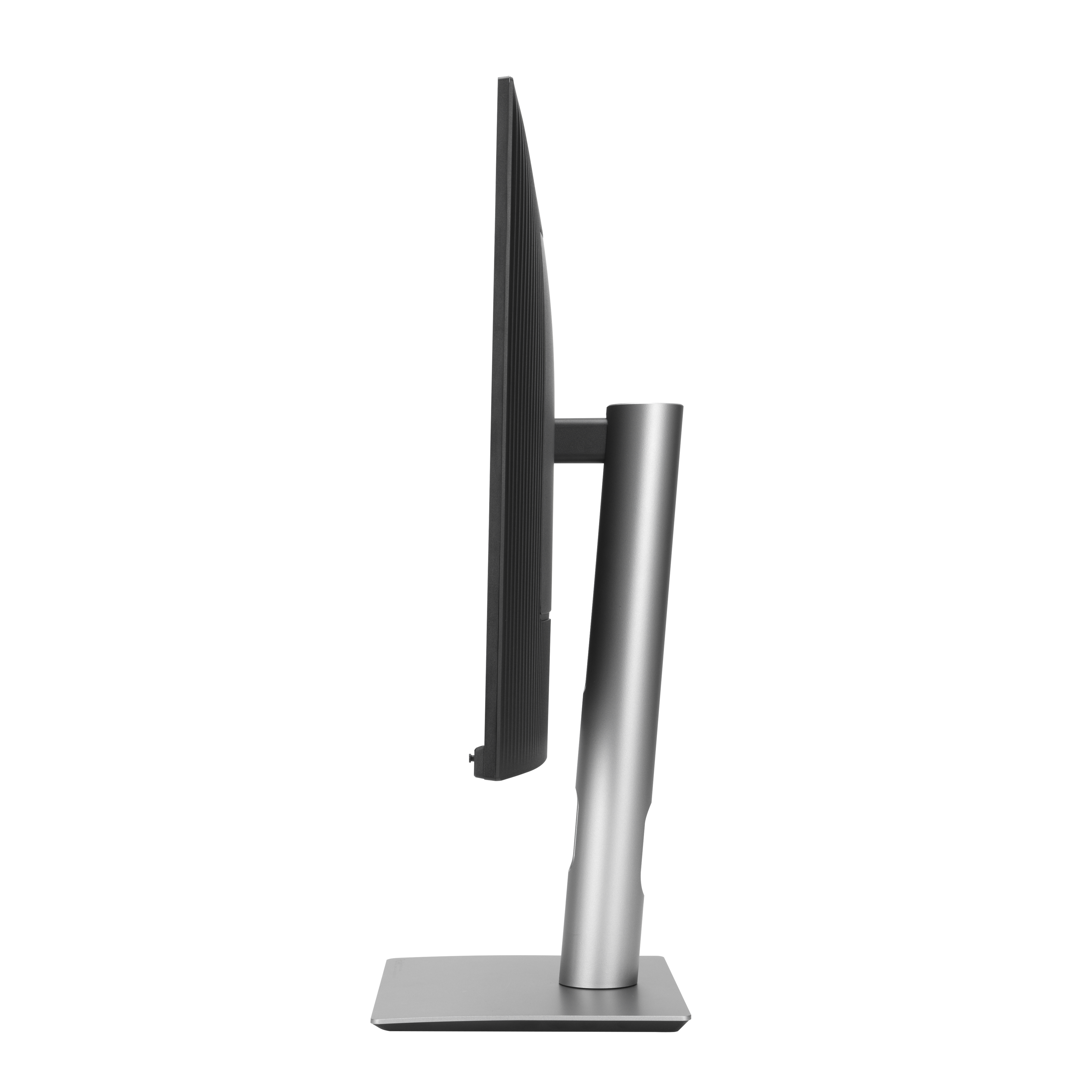 Widok z boku monitora komputera. Ma czarny ekran i srebrną podstawę na czarnym tle.