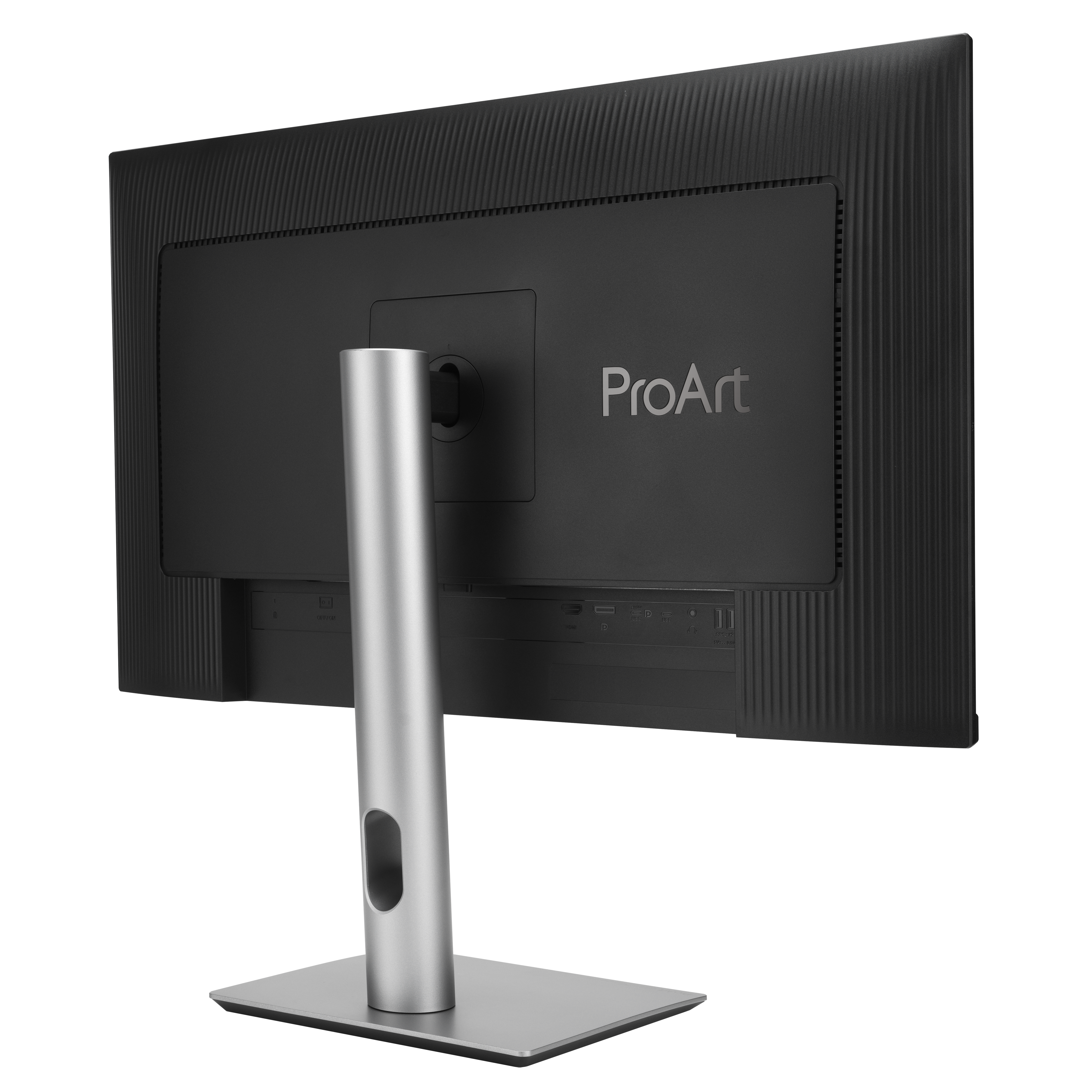 Tył czarnego monitora ProArt ze srebrną podstawą. Porty widoczne na dole. Podstawa jest kwadratowa.