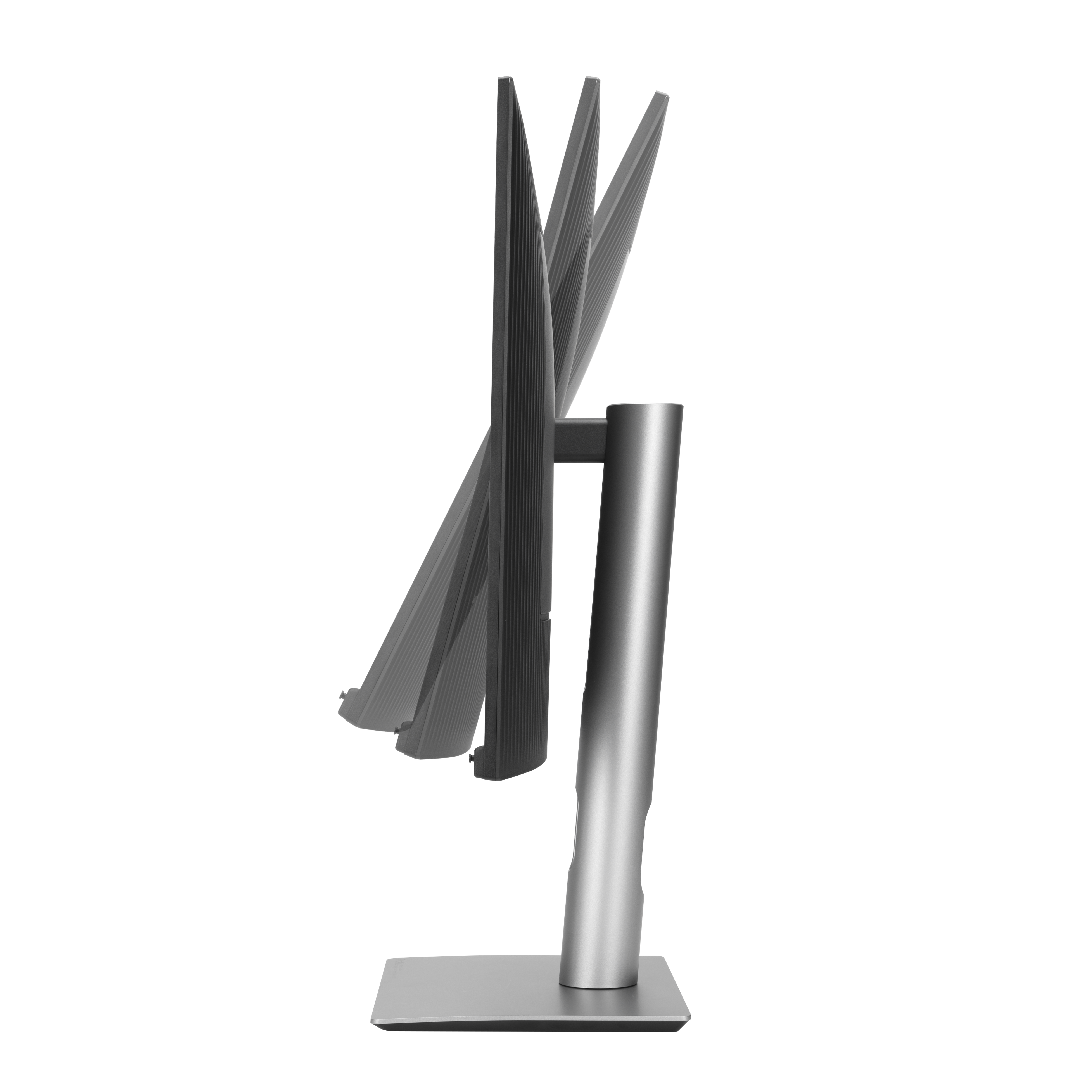 Widok z boku regulowanego monitora komputerowego. Ma srebrną podstawę i stojak z czarnym ekranem.