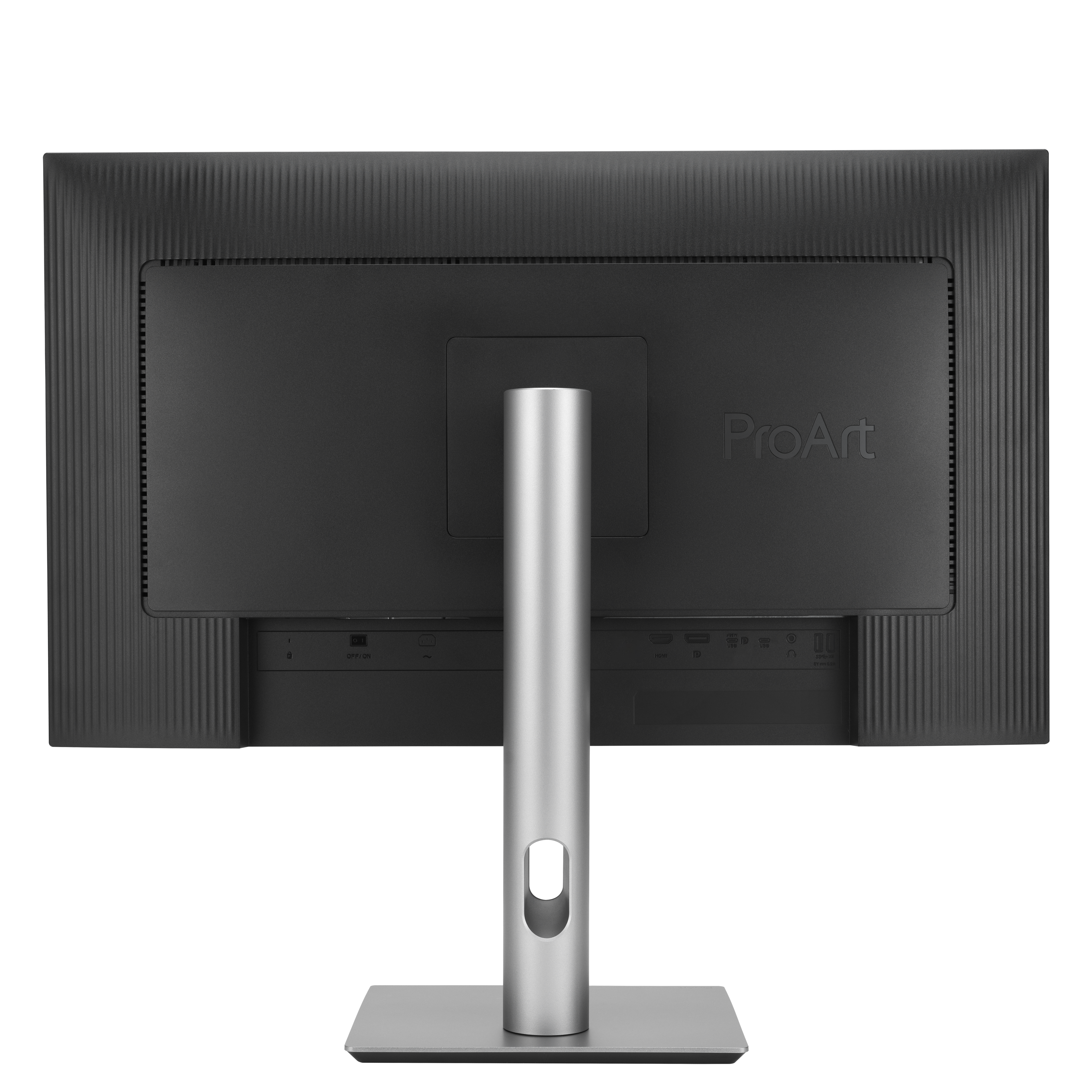 Tył monitora ze srebrną podstawą. Ekran jest czarny z logo ProArt. Porty widoczne na dole.