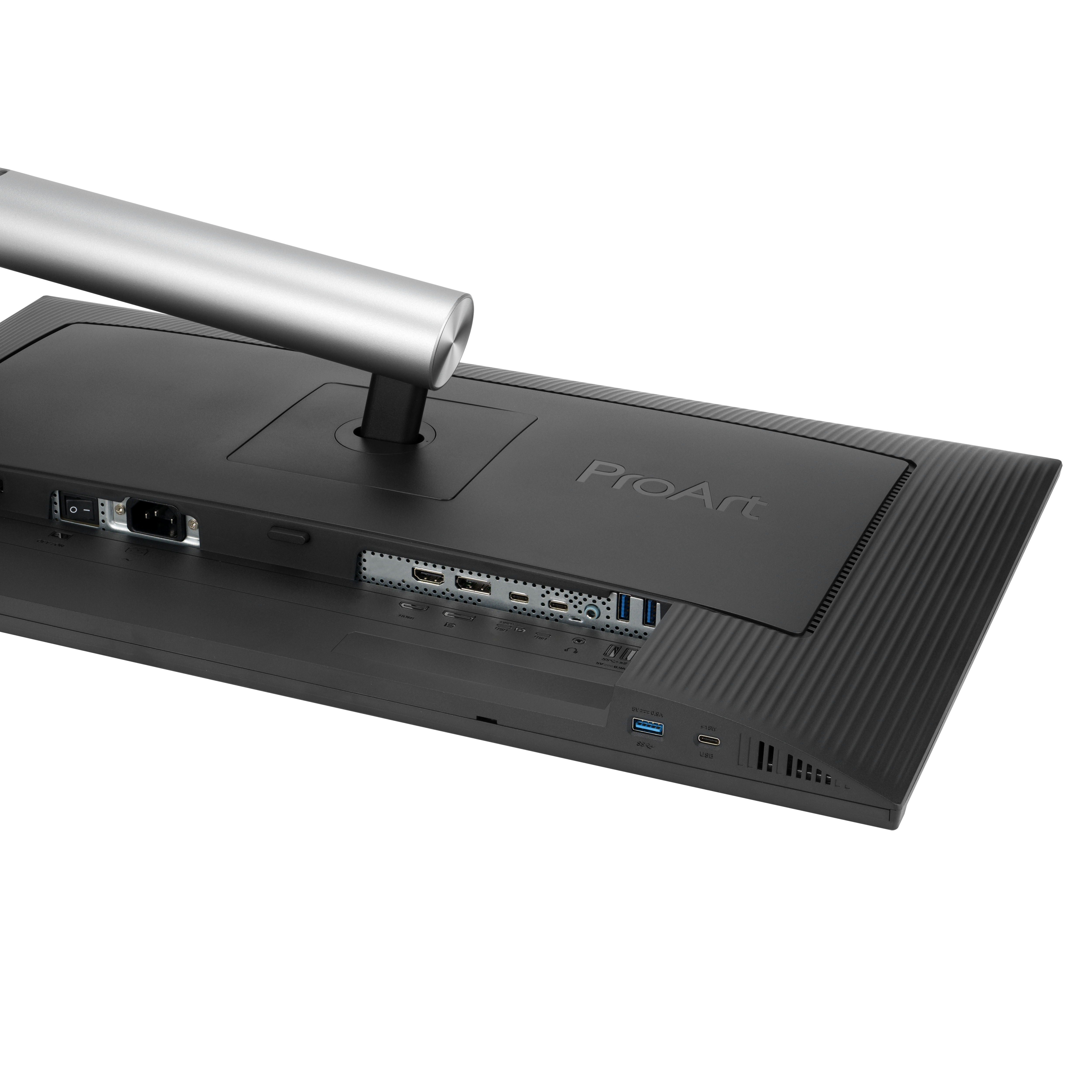 Tył czarnego monitora ProArt. Srebrny stojak, widoczne różne porty, w tym HDMI, USB i wejście zasilania.