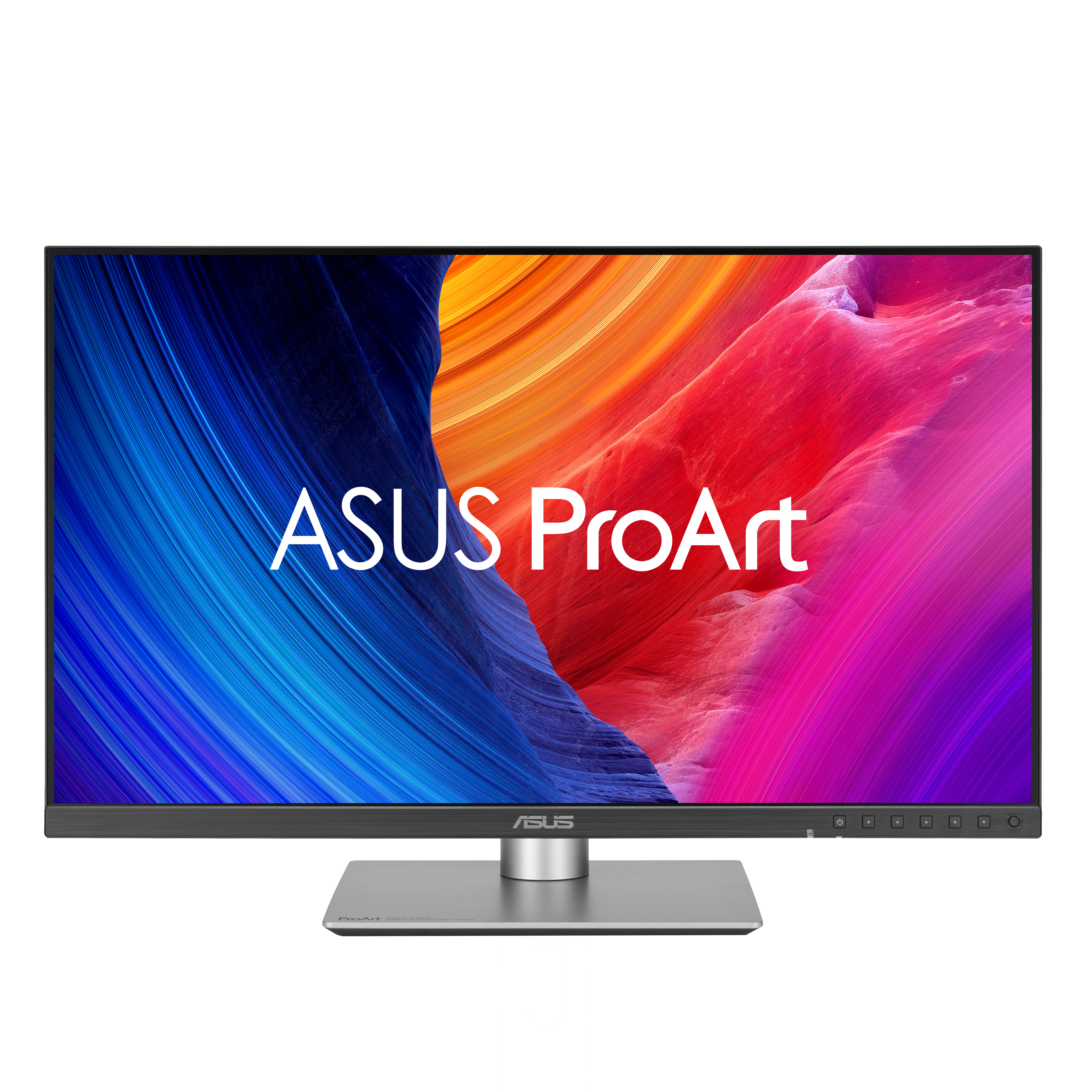 Monitor ASUS ProArt wyświetla kolorowe abstrakcyjne tło z nazwą marki w kolorze białym na ekranie.