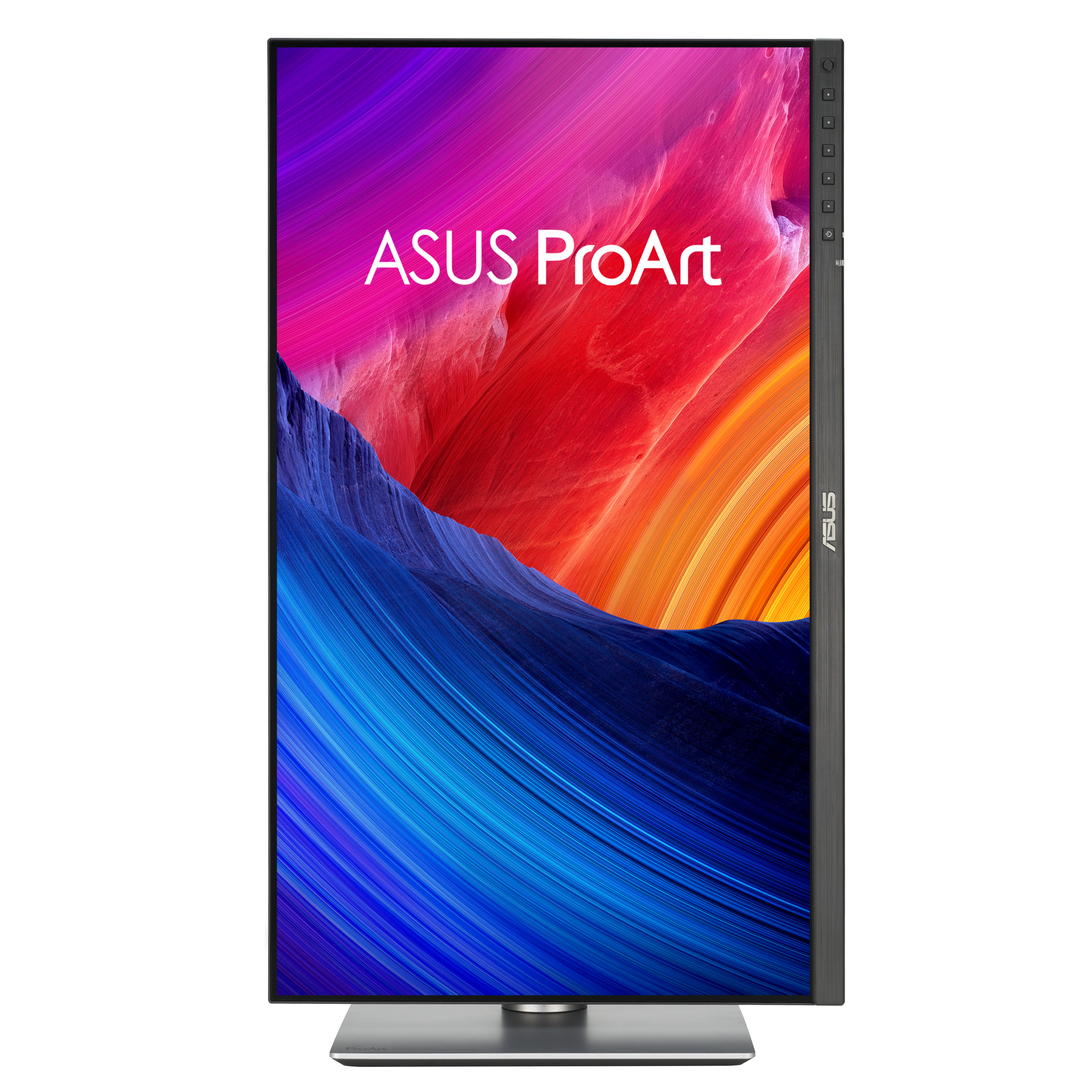 Monitor ASUS ProArt. Wyświetlacz przedstawia sztukę abstrakcyjną w kolorach czerwonym, różowym i niebieskim. Ma srebrną podstawę i czarną ramkę.