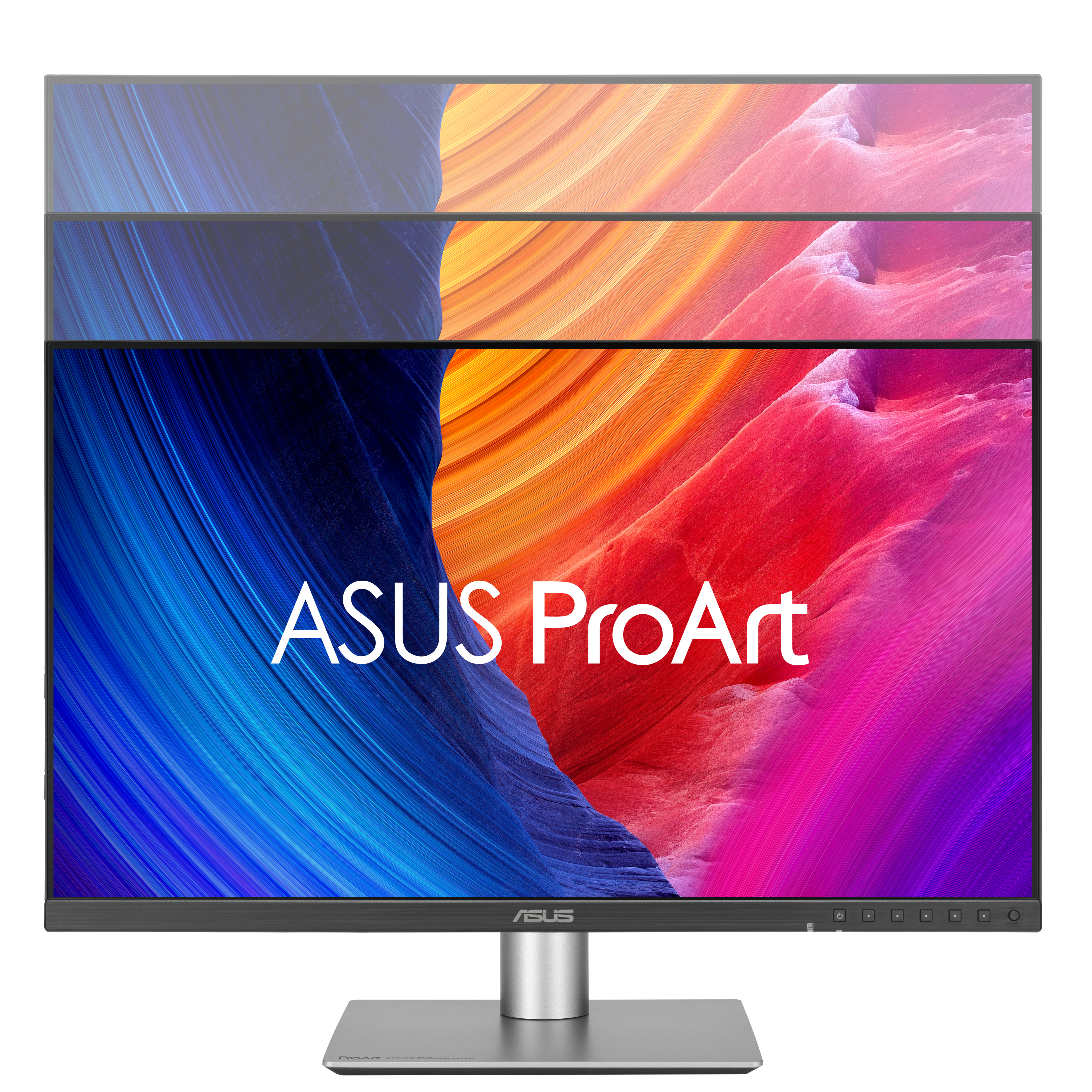 Monitor ASUS ProArt. Ekran wyświetla abstrakcyjną grafikę w kolorach niebieskim, pomarańczowym i czerwonym. Podstawa i stojak są srebrne.
