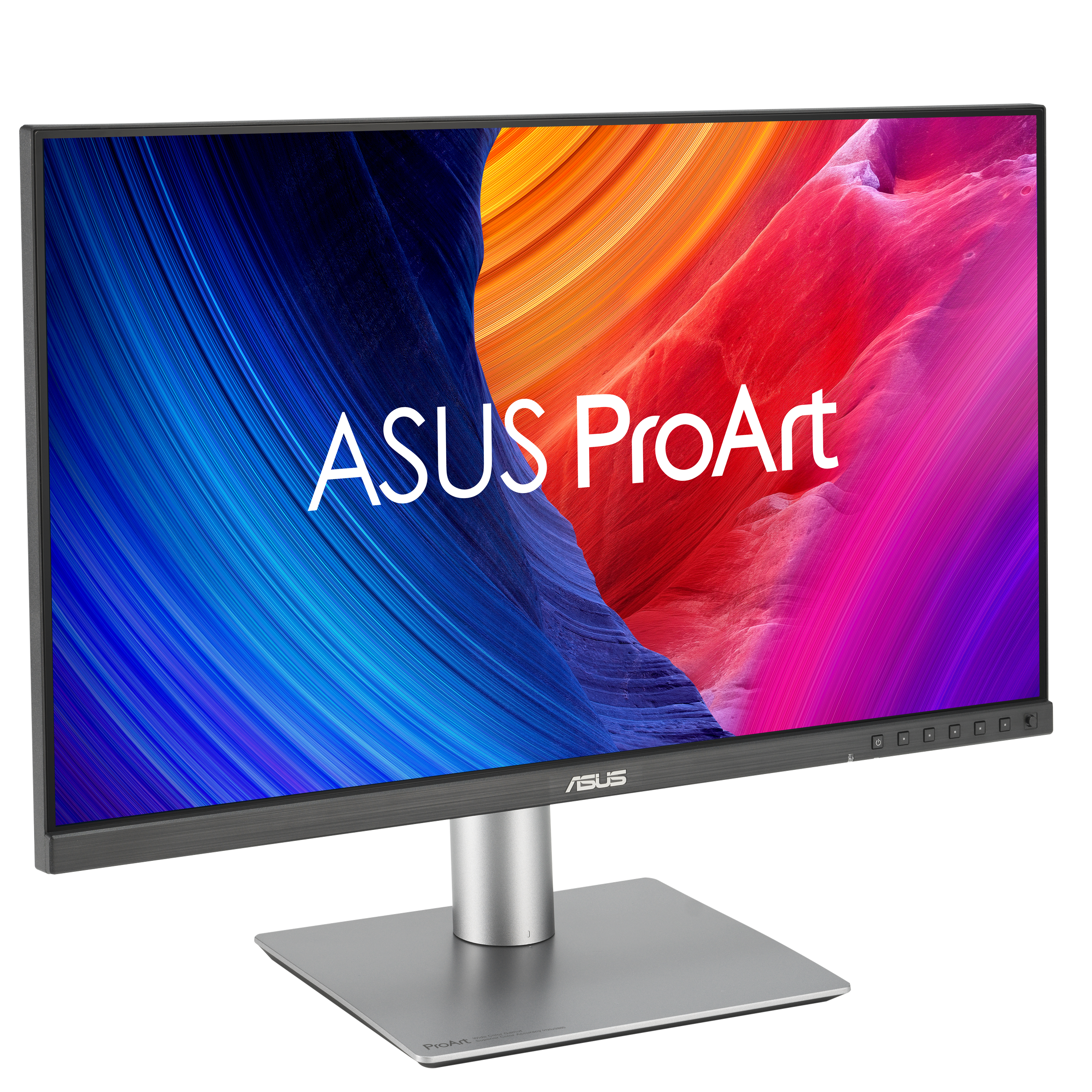 Monitor ASUS ProArt. Ekran wyświetla kolorowe abstrakcyjne tło. Monitor jest srebrny, z kwadratową podstawą i stojakiem.