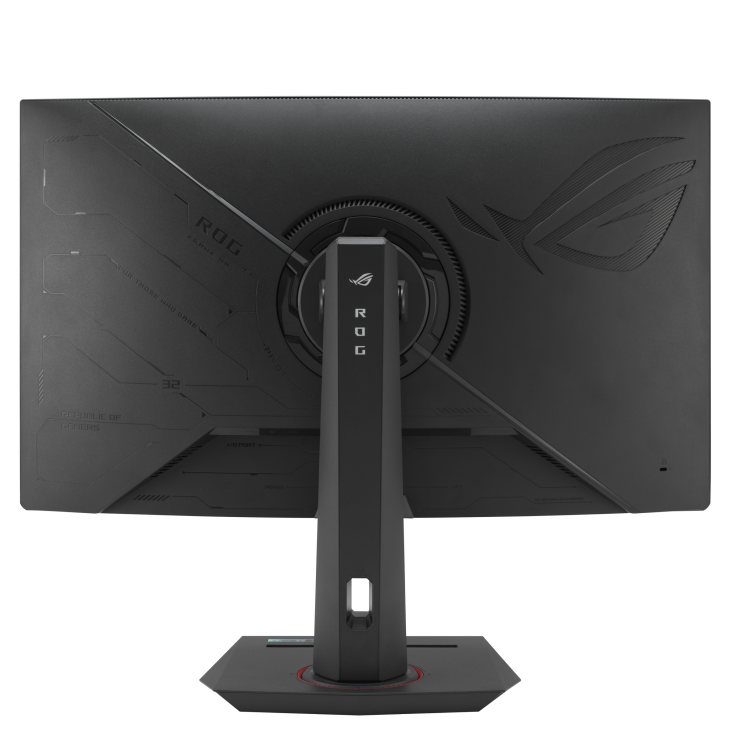 Rückseite eines schwarzen ROG-Gaming-Monitors. Mit ROG-Logo, Ständer und Designdetails. Der Bildschirm ist dunkel.