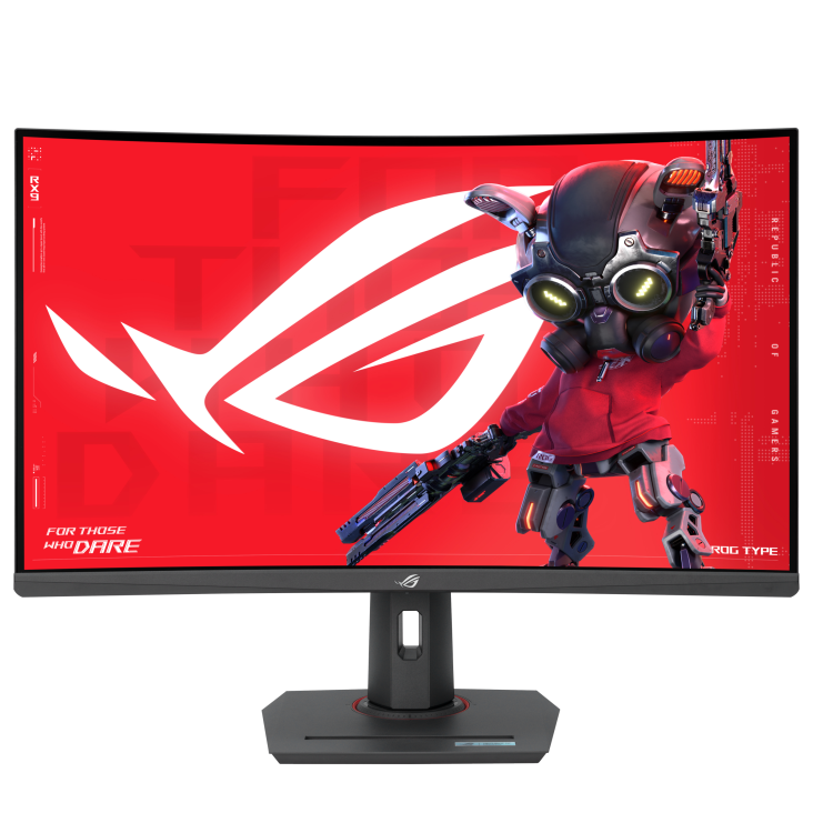 Ein gebogener Monitor zeigt einen Cartoon-Roboter mit einer Waffe vor rotem Hintergrund mit Text und dem ROG-Logo.