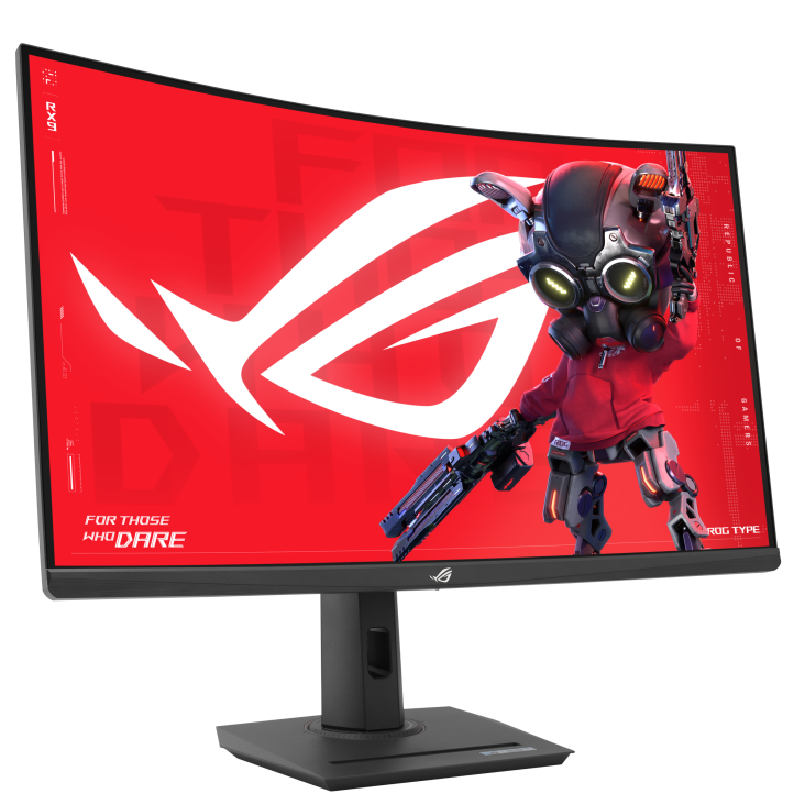 Ein gebogener Monitor zeigt einen Robotercharakter auf rotem Hintergrund mit weißem Logo. Der Monitor hat einen schwarzen Standfuß.