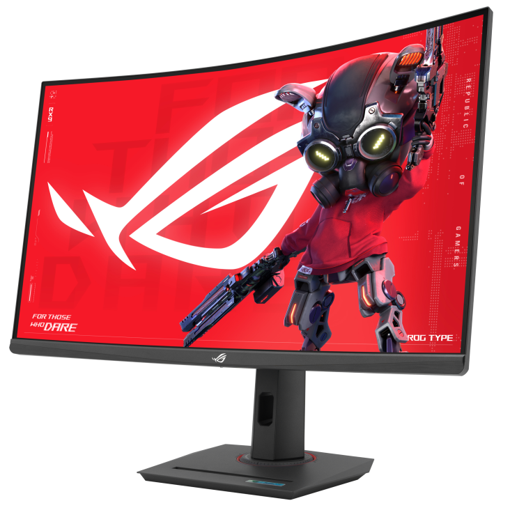 Ein gekrümmter Gaming-Monitor zeigt eine Roboterfigur auf rotem Bildschirm. Der Roboter hält eine Waffe. Der Monitor hat einen schwarzen Ständer.