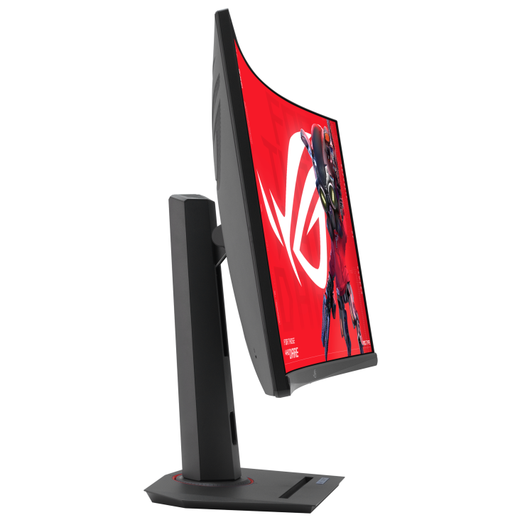 Ein gebogener Gaming-Monitor. Der Bildschirm zeigt einen roten Hintergrund mit weißem ROG-Logo und futuristischem Charakter.