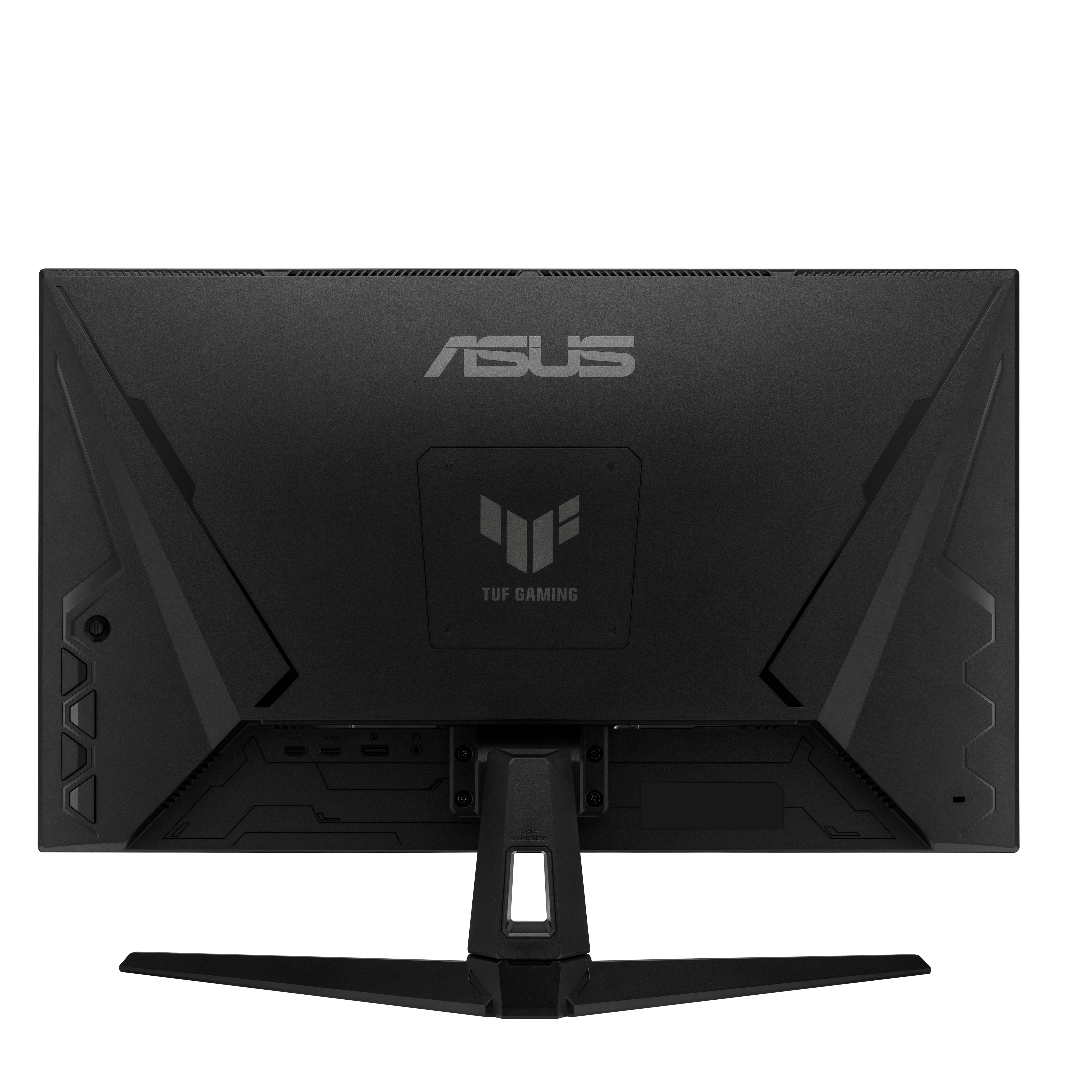 Czarny monitor ASUS TUF Gaming. Tył pokazuje logo ASUS i TUF Gaming, z portami i podstawką. Podstawka również jest czarna.