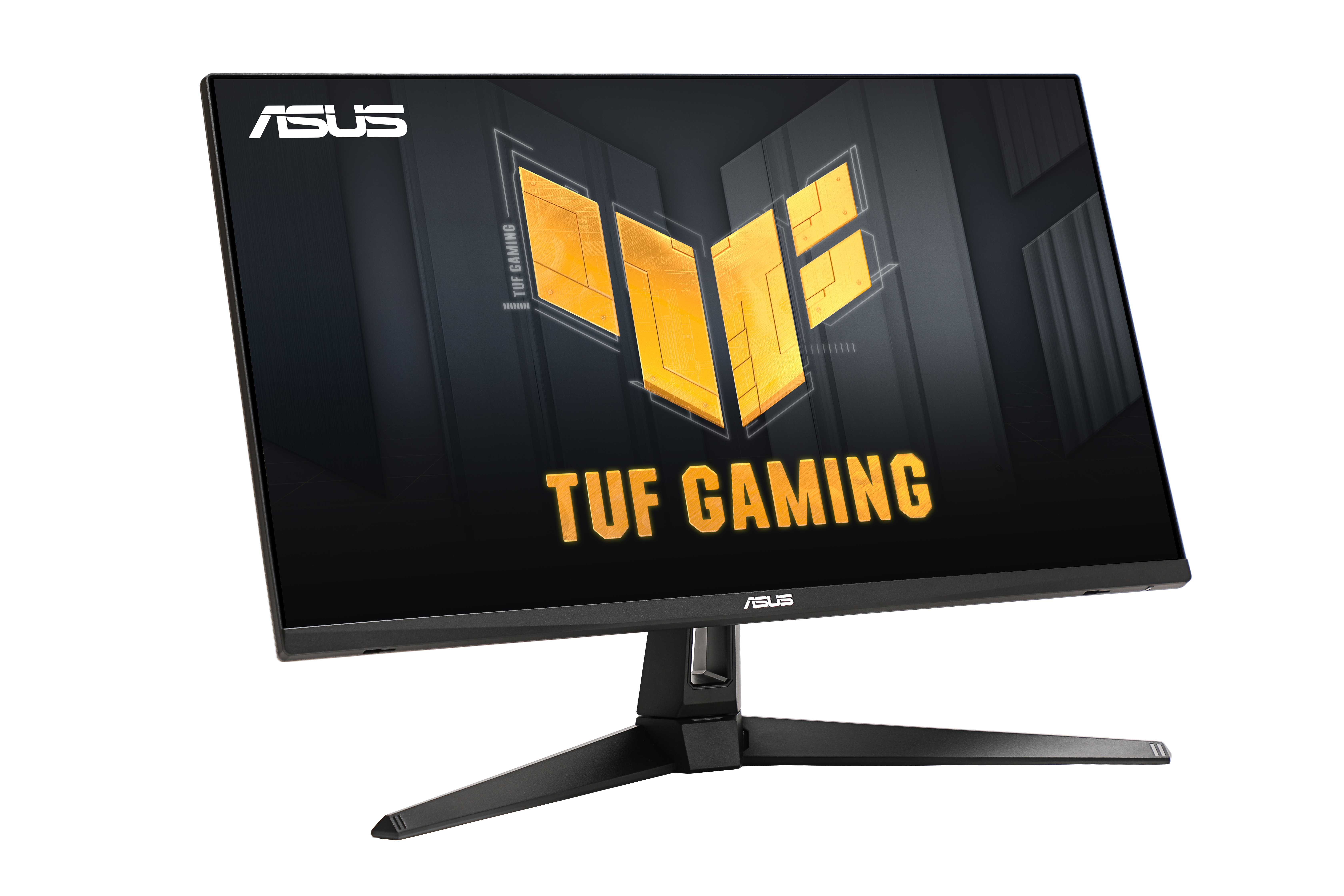 Monitor ASUS TUF Gaming. Czarna ramka, czarna podstawa. Ekran wyświetla złote i czarne logo z TUF GAMING.