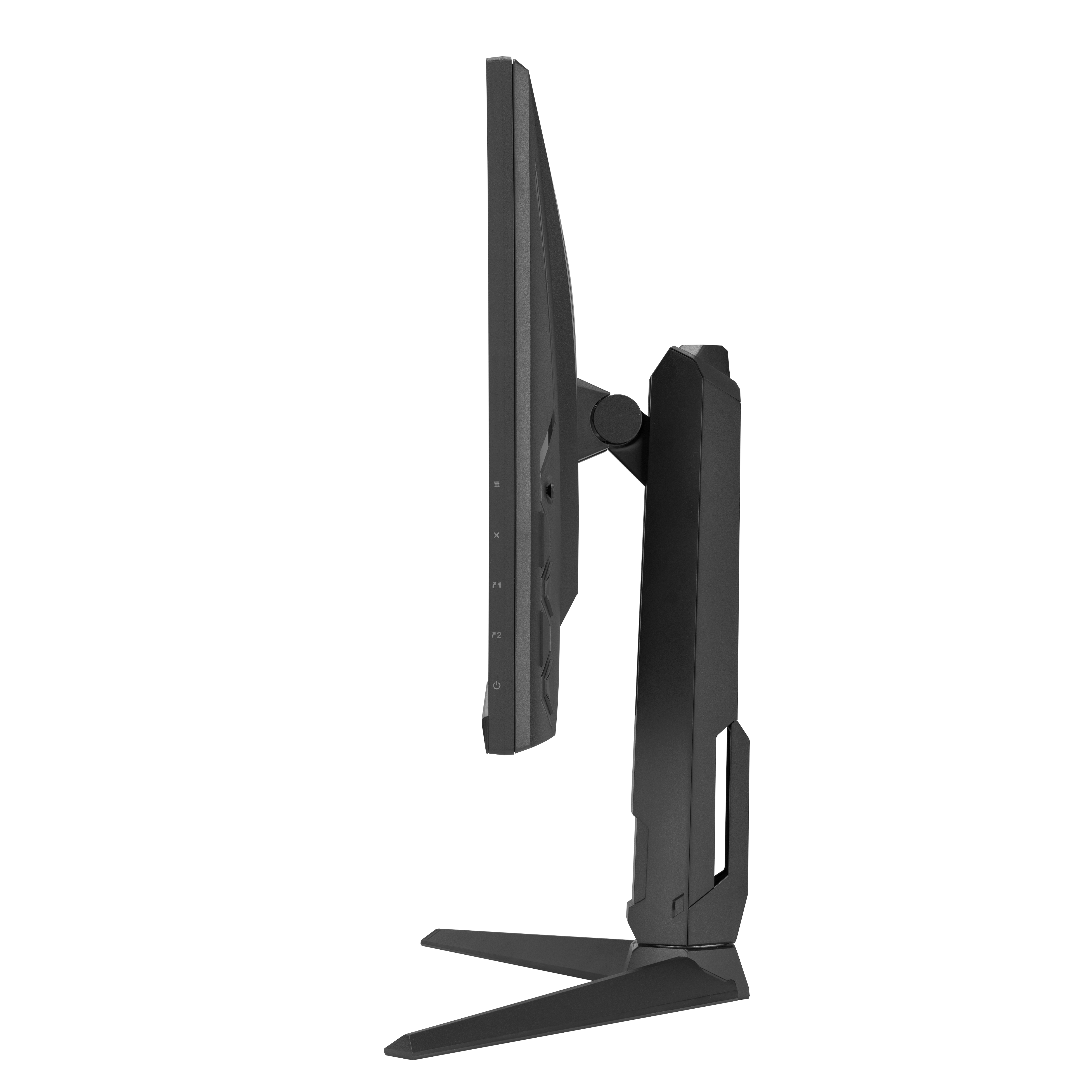 Seitenansicht eines schwarzen Computermonitors. Der Bildschirm ist dünn, der Ständer hat ein markantes Design auf schwarzem Hintergrund.