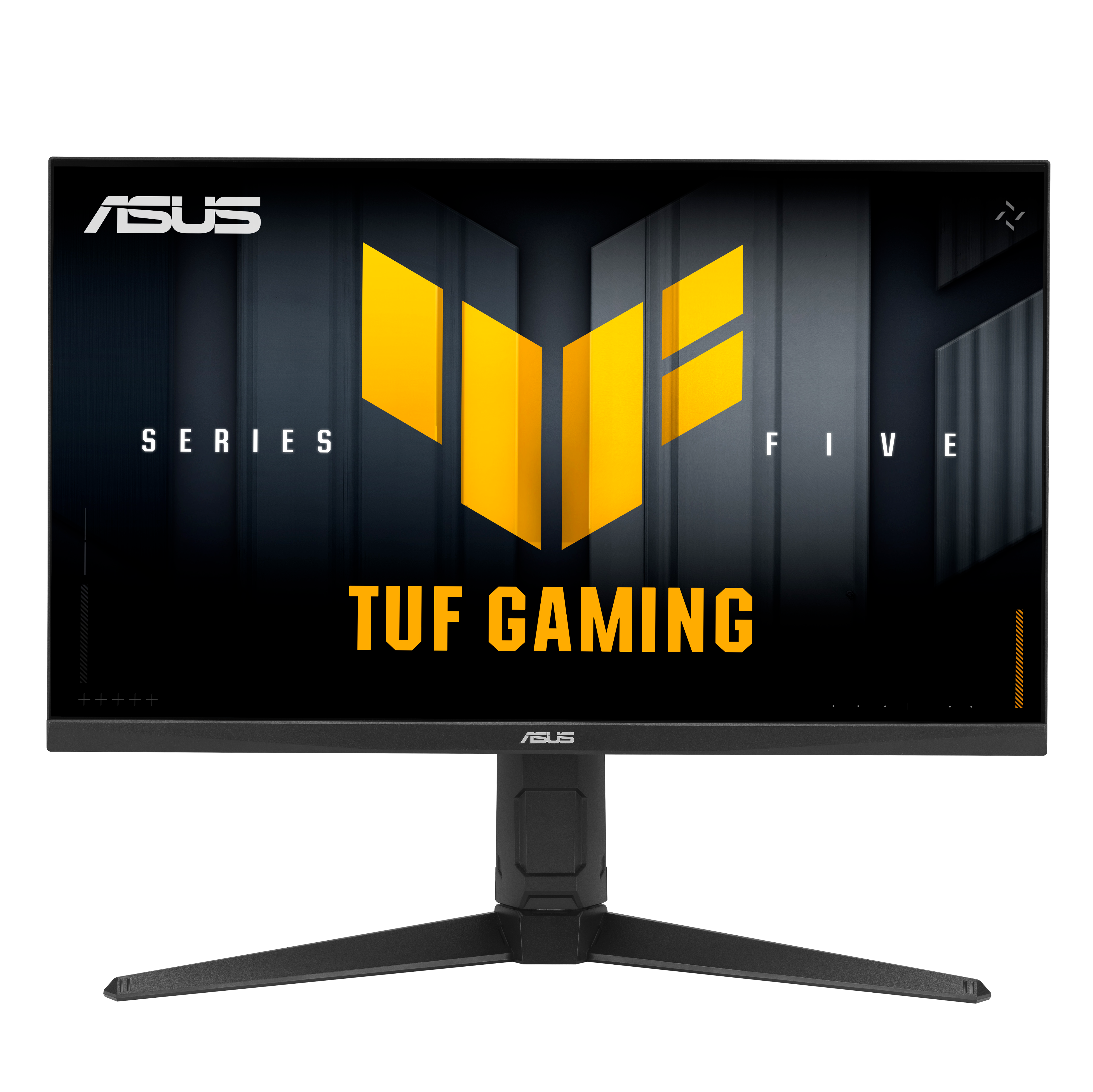 ASUS TUF Gaming Monitor. Schwarzer Rahmen, schwarzer Ständer. Gelbes Logo und Text auf dem Bildschirm. Dunkler Hintergrund.