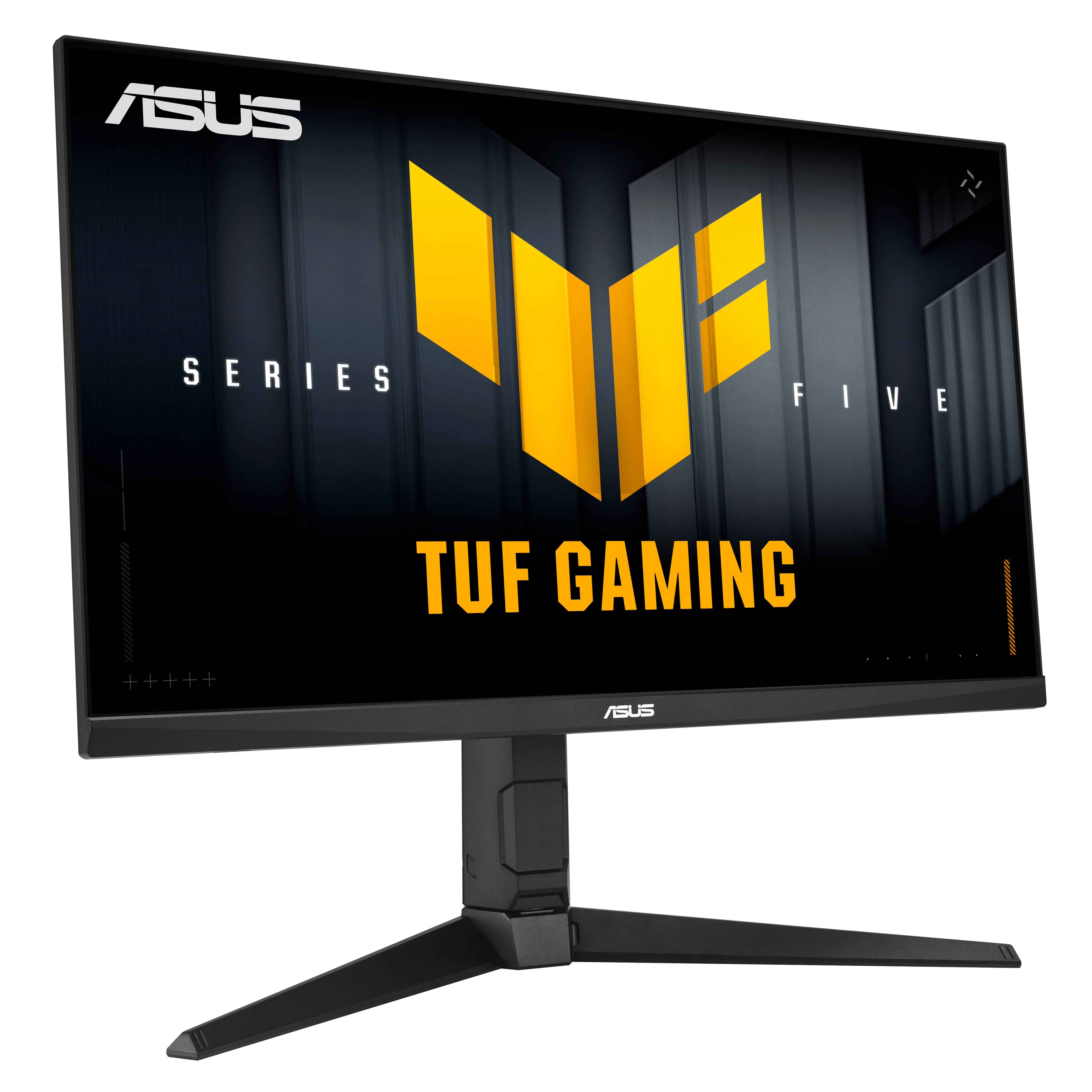 ASUS TUF Gaming Monitor. Schwarzer Rahmen, schwarzer Ständer. Der Bildschirm zeigt ein gelbes Logo und Text auf dunklem Hintergrund.