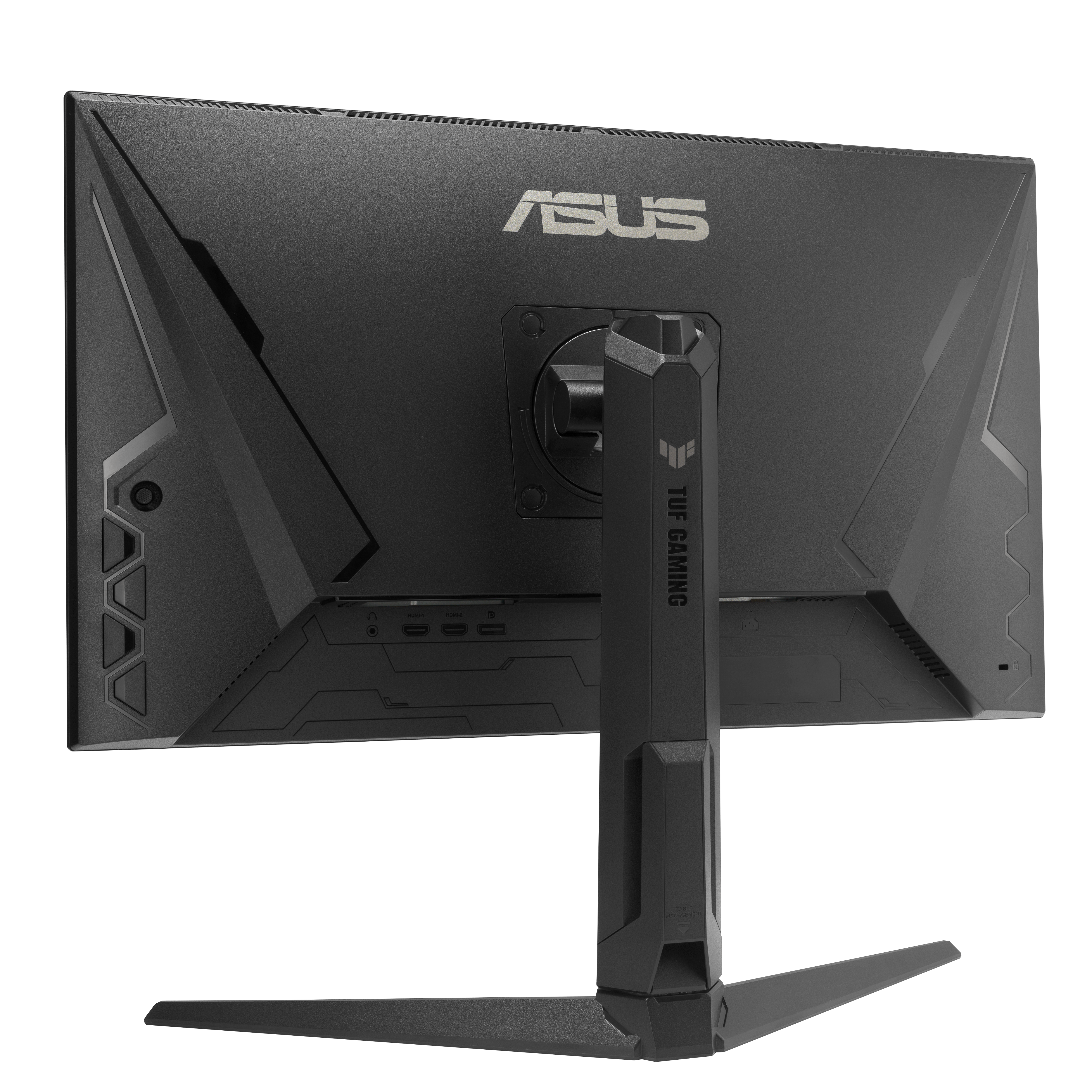 Rückseite eines schwarzen ASUS TUF Gaming Monitors. Er hat einen Ständer, das ASUS Logo und verschiedene Anschlüsse. Der Fuß ist abgewinkelt.