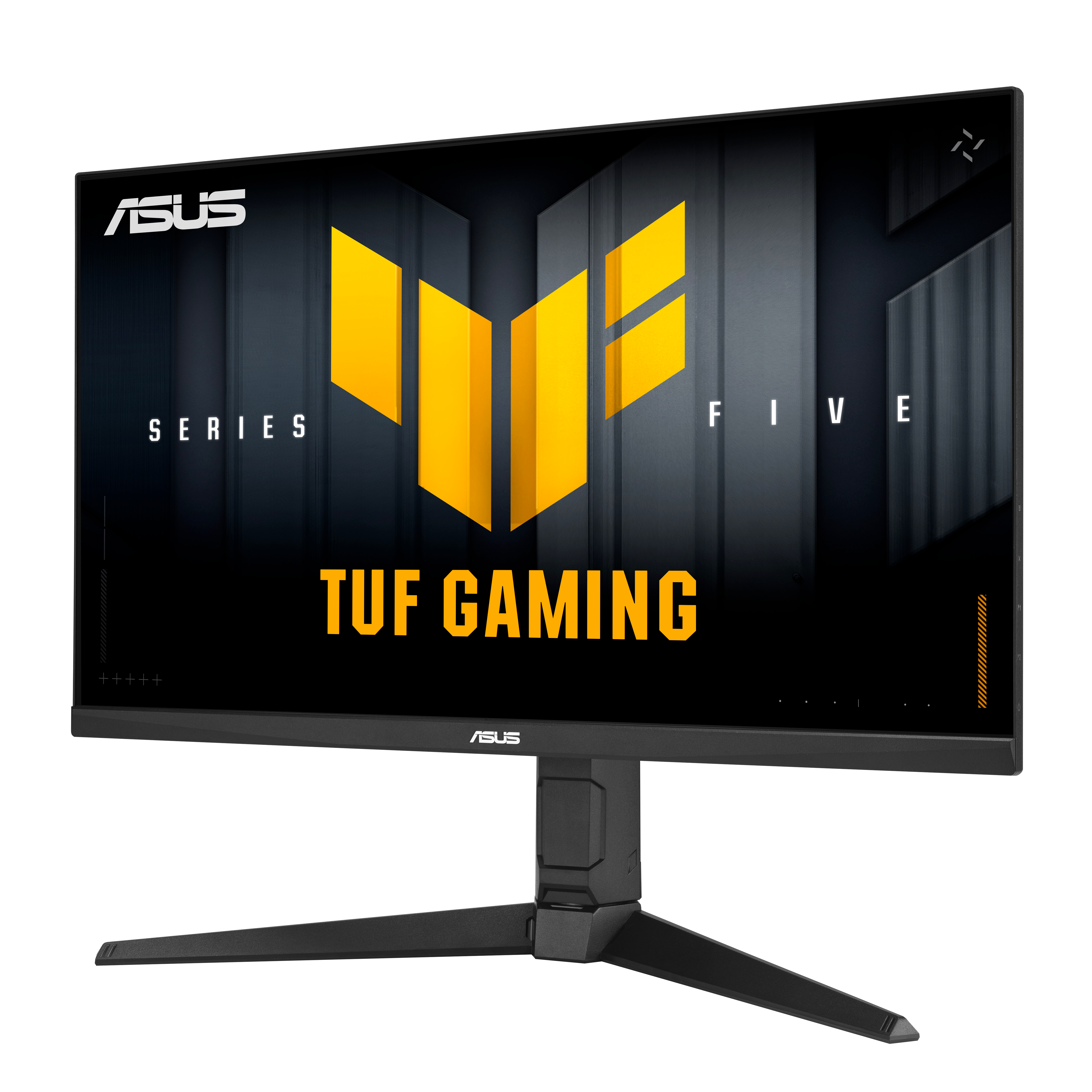 Ein ASUS TUF Gaming Monitor. Schwarzer Rahmen, Ständer. Gelbes TUF Gaming Logo. Schwarzer Hintergrund. Text Series FIVE auf dem Bildschirm.