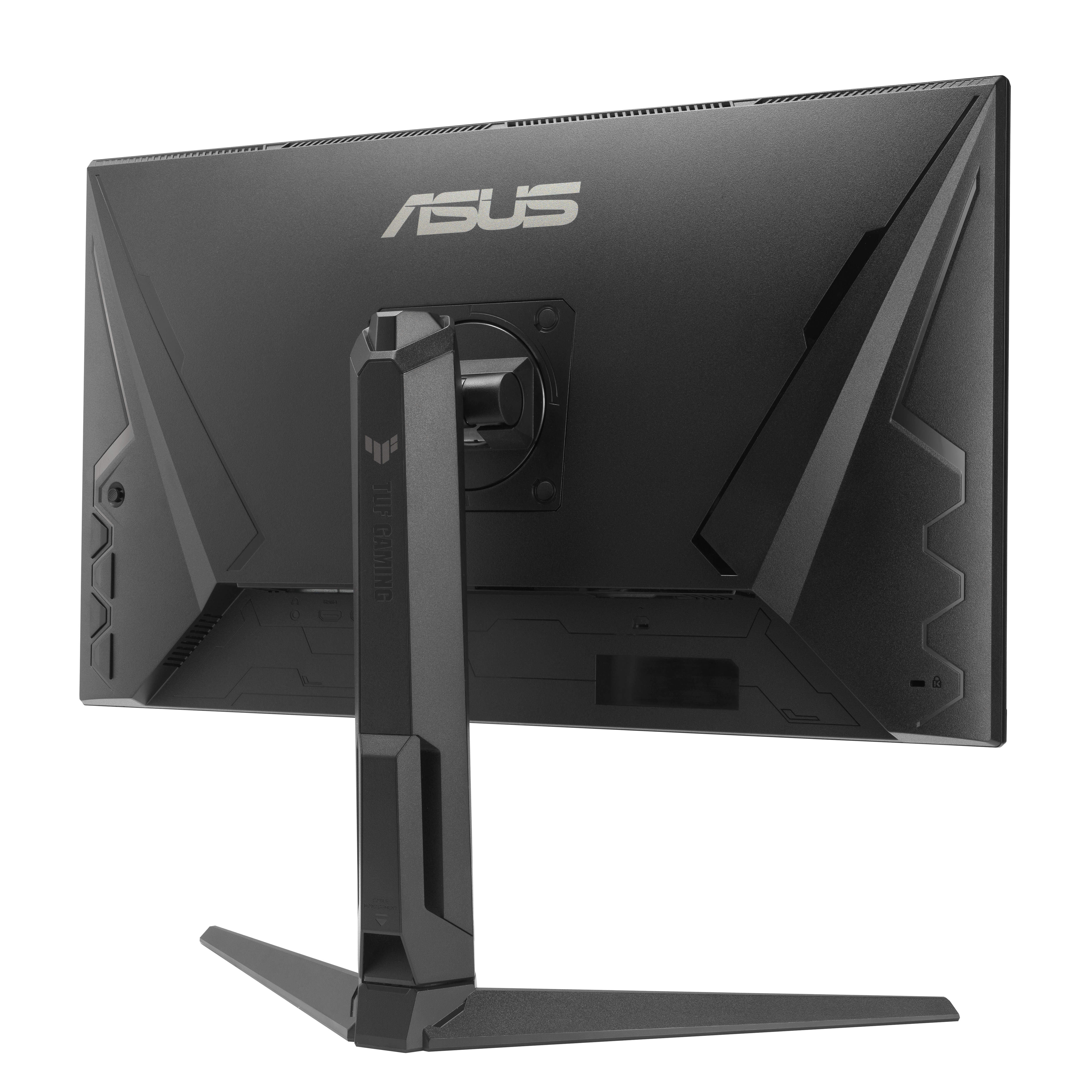 Schwarzer ASUS Computermonitor mit Ständer. Die Rückseite des Monitors ist sichtbar, mit Marke und Ständerdesign.