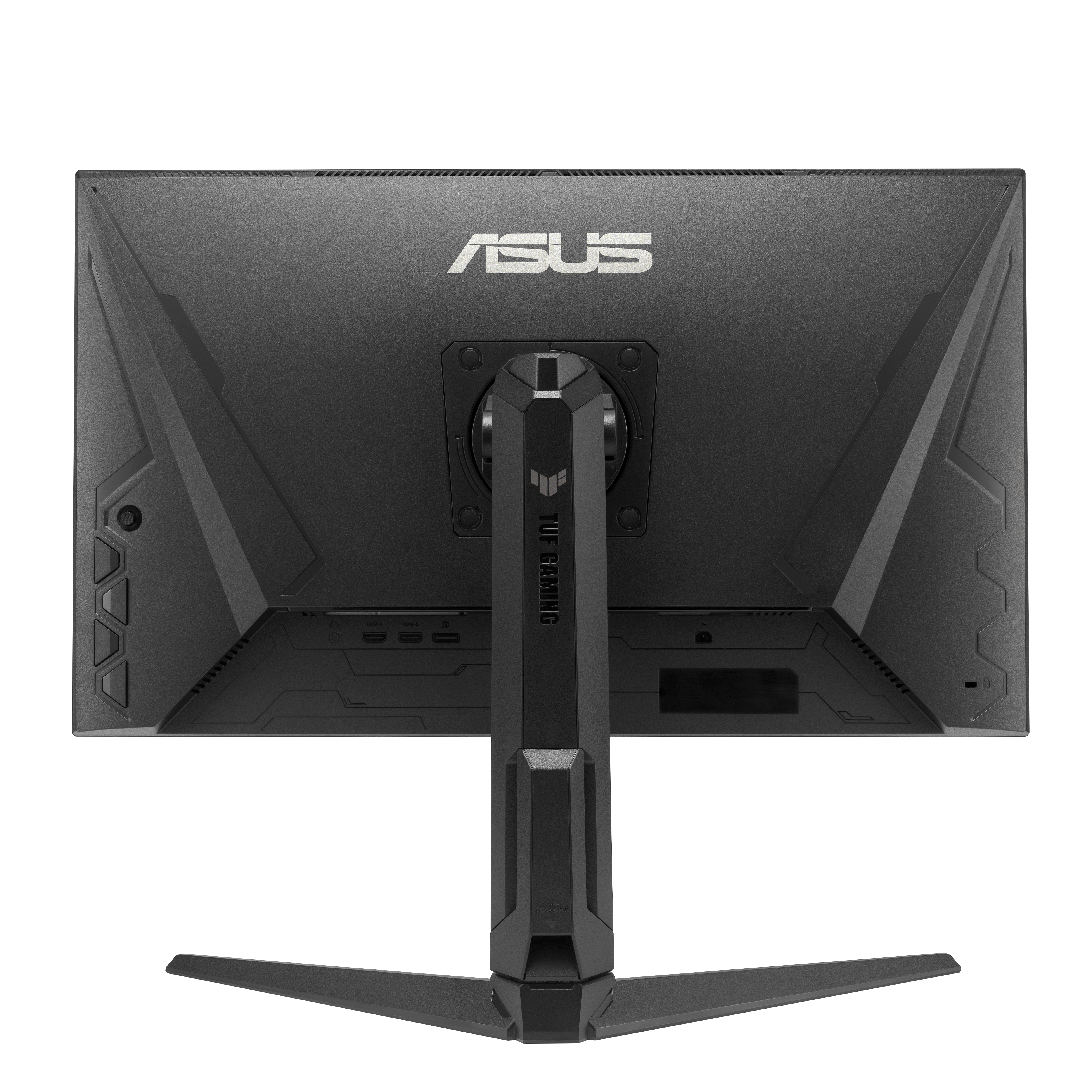 Rückansicht eines schwarzen ASUS TUF Gaming Monitors. Der Monitor hat einen Ständer, und das ASUS-Logo ist sichtbar.