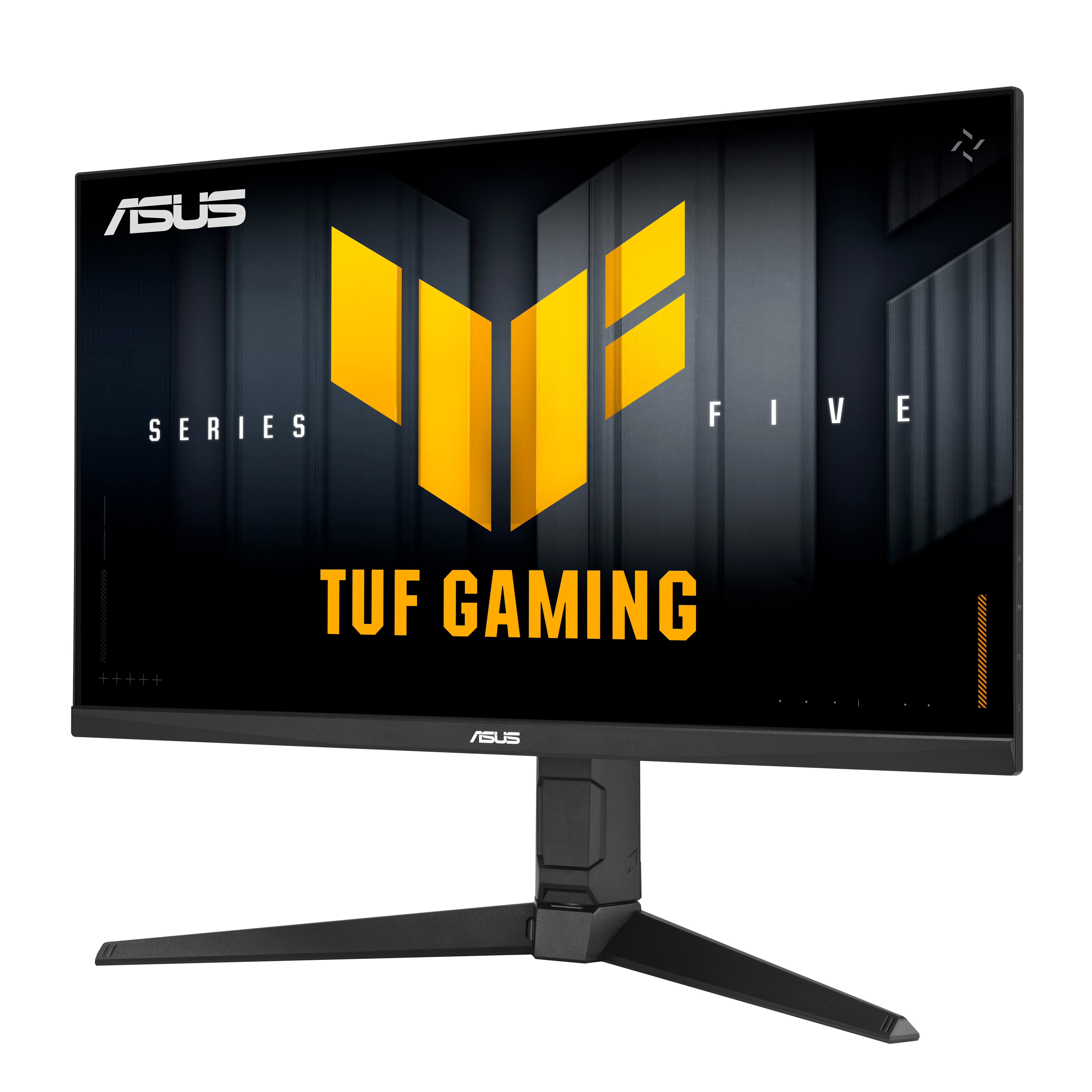 Ein ASUS TUF Gaming Monitor. Der Bildschirm zeigt das TUF-Logo in Gelb und Schwarz mit dem ASUS-Logo oben und unten.
