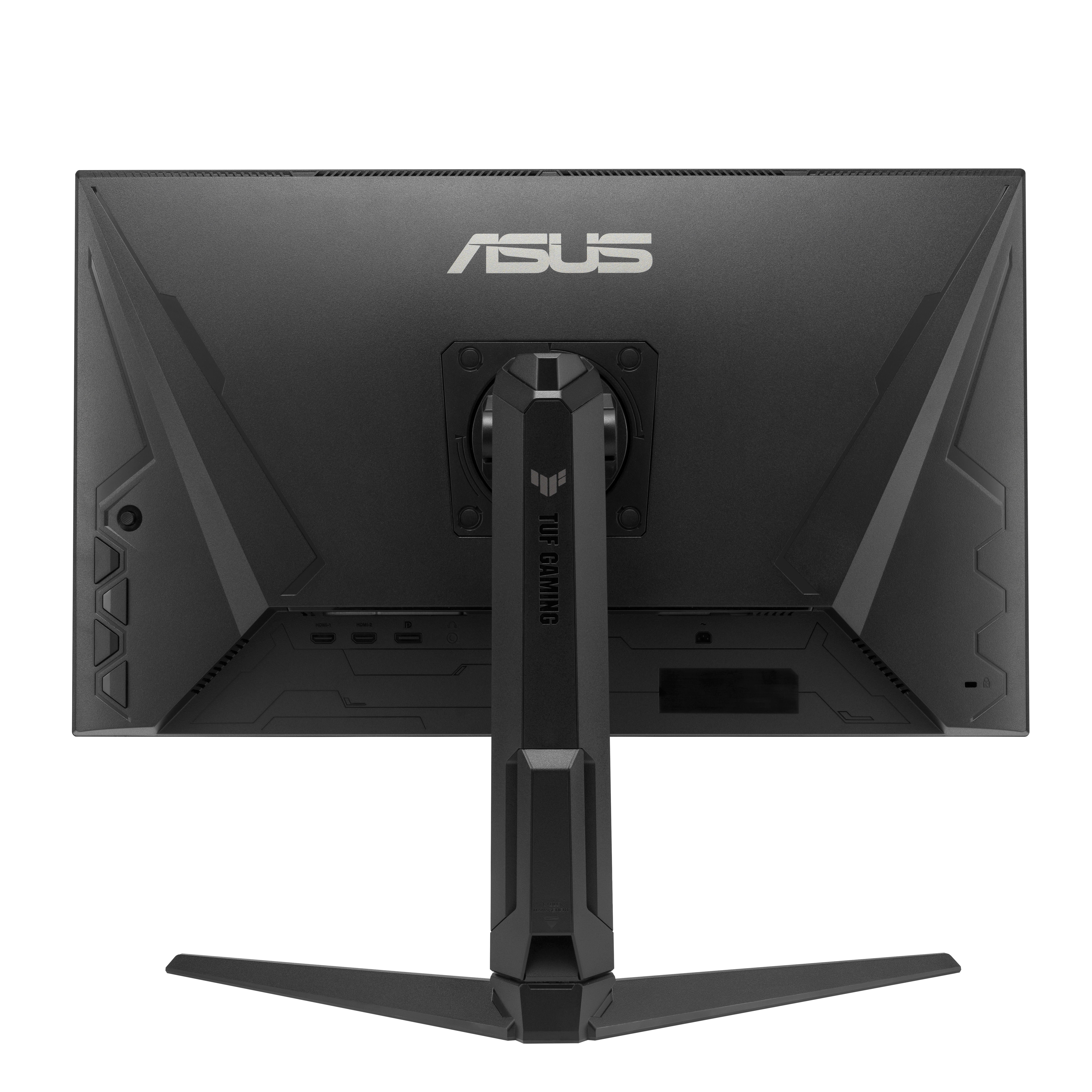 Rückseite eines schwarzen ASUS TUF Gaming Monitors. Der Monitor hat einen Ständer und ein Logo in der Mitte.