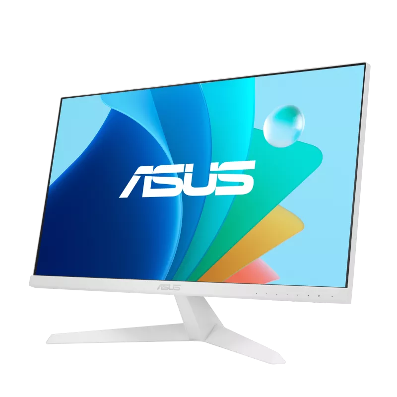 Weißer Asus-Monitor mit farbenfrohem, abstraktem Design. Der Ständer und der Rahmen sind weiß. Das Asus-Logo ist sichtbar.