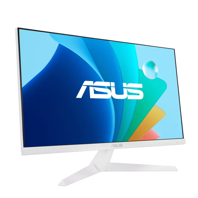 Ein weißer ASUS-Monitor mit einem Bildschirm, der ein abstraktes Design in Blau, Grün und Gelb zeigt. Der Monitor steht auf einem weißen Ständer.