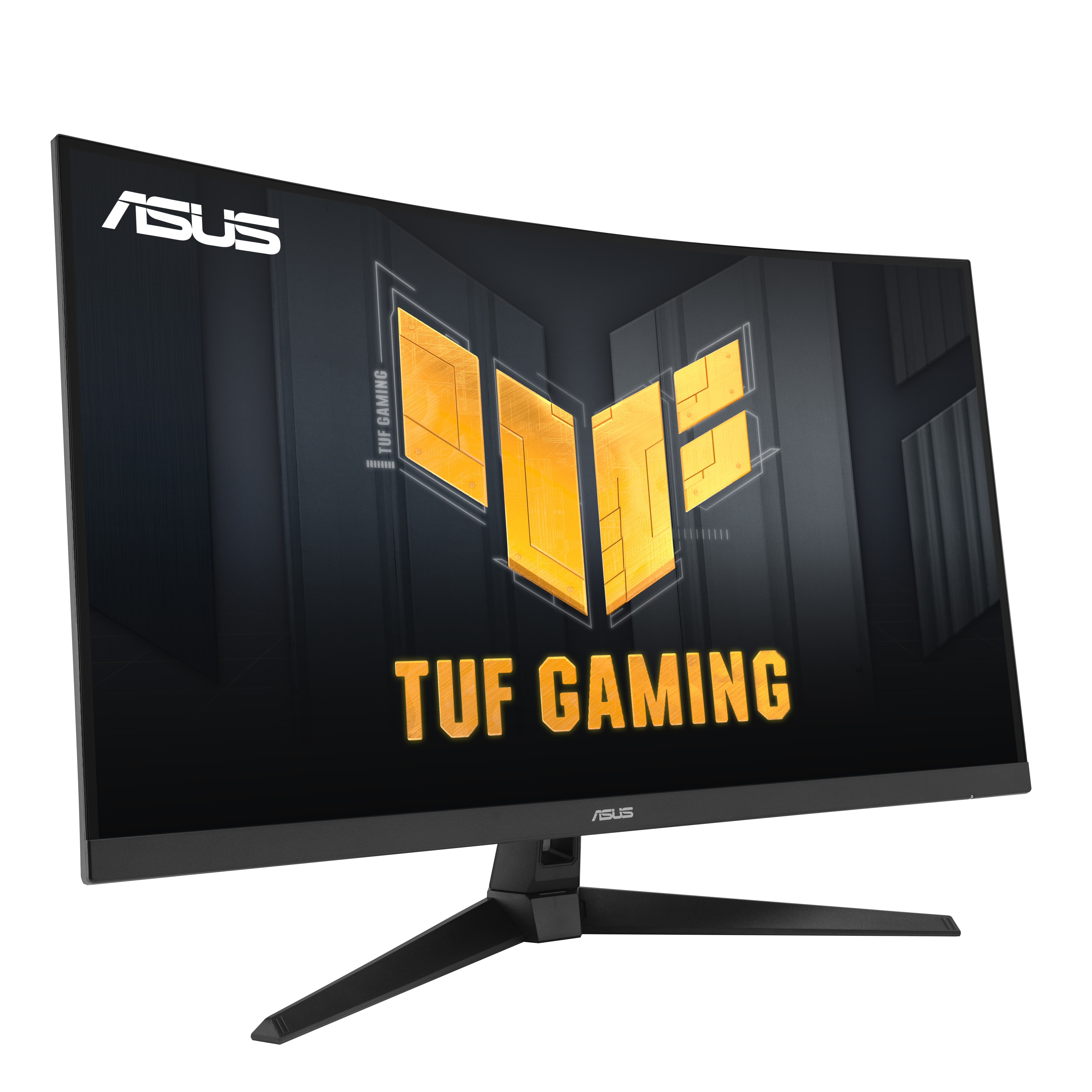 Zakrzywiony monitor ASUS TUF Gaming. Czarna ramka i podstawa. Ekran wyświetla złote logo na czarnym tle.