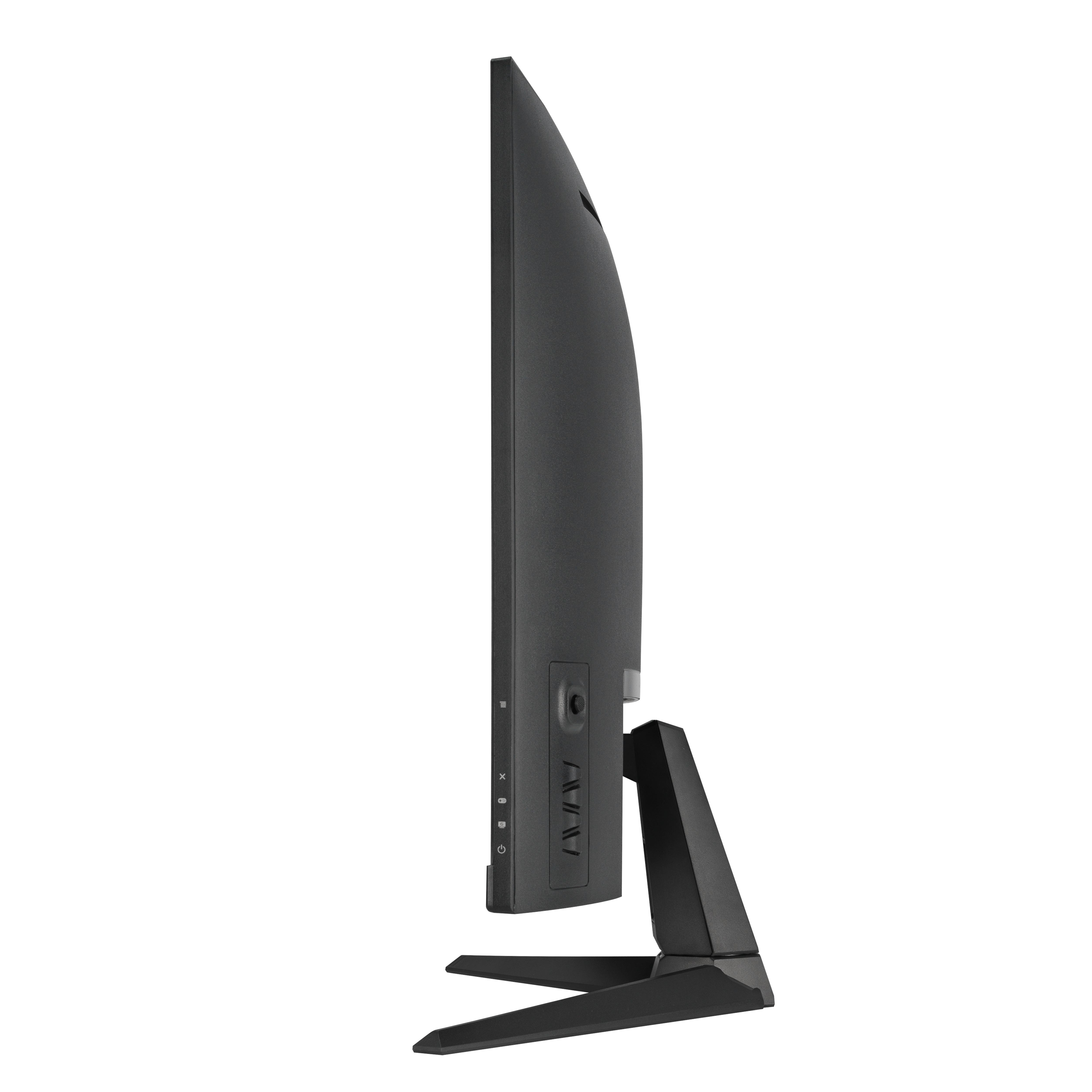 Widok z boku czarnego monitora komputera ze stojakiem. Ma zakrzywiony ekran i elegancki design.