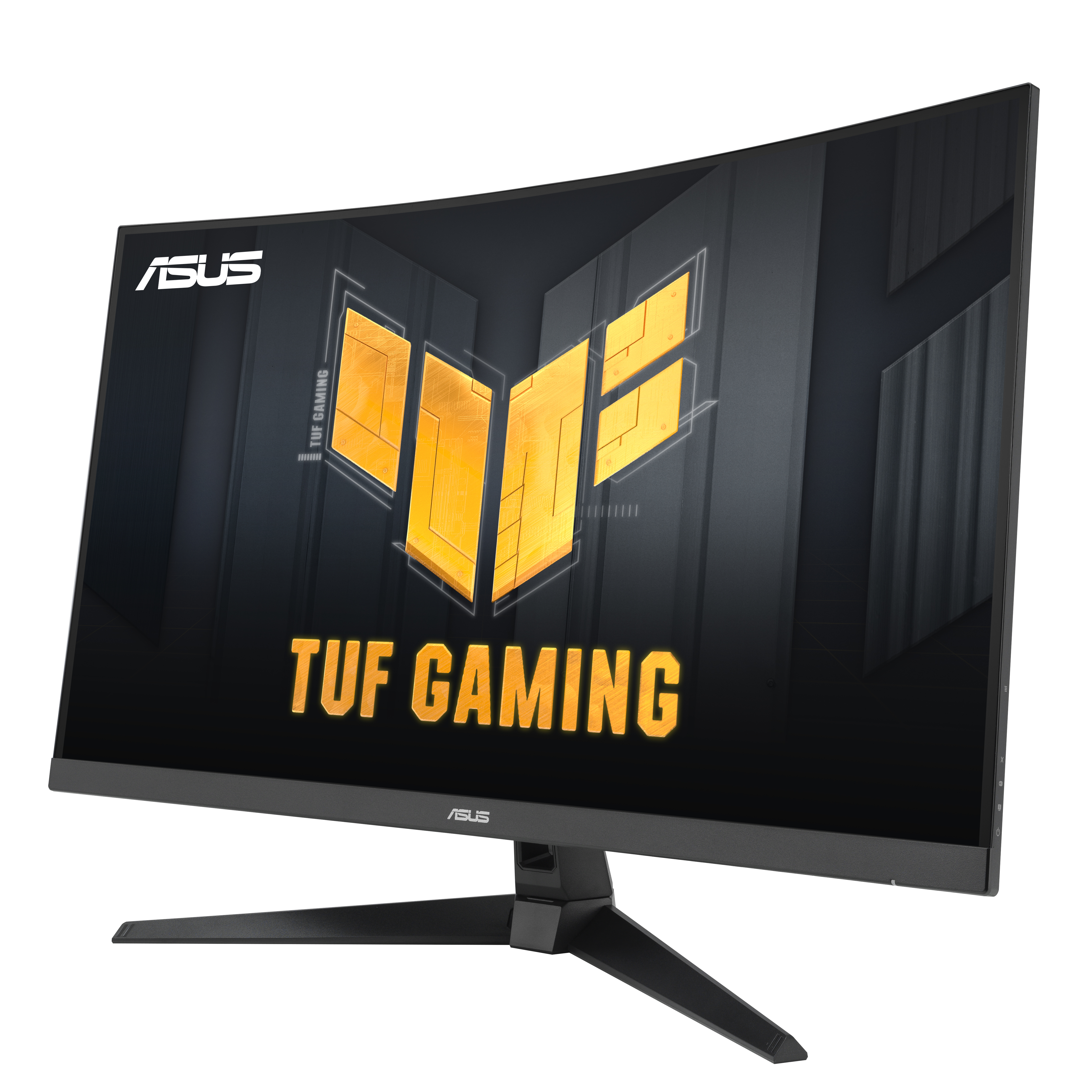 Zakrzywiony monitor ASUS TUF GAMING. Ekran wyświetla złote logo na ciemnym tle. Podstawa i ramka są czarne.