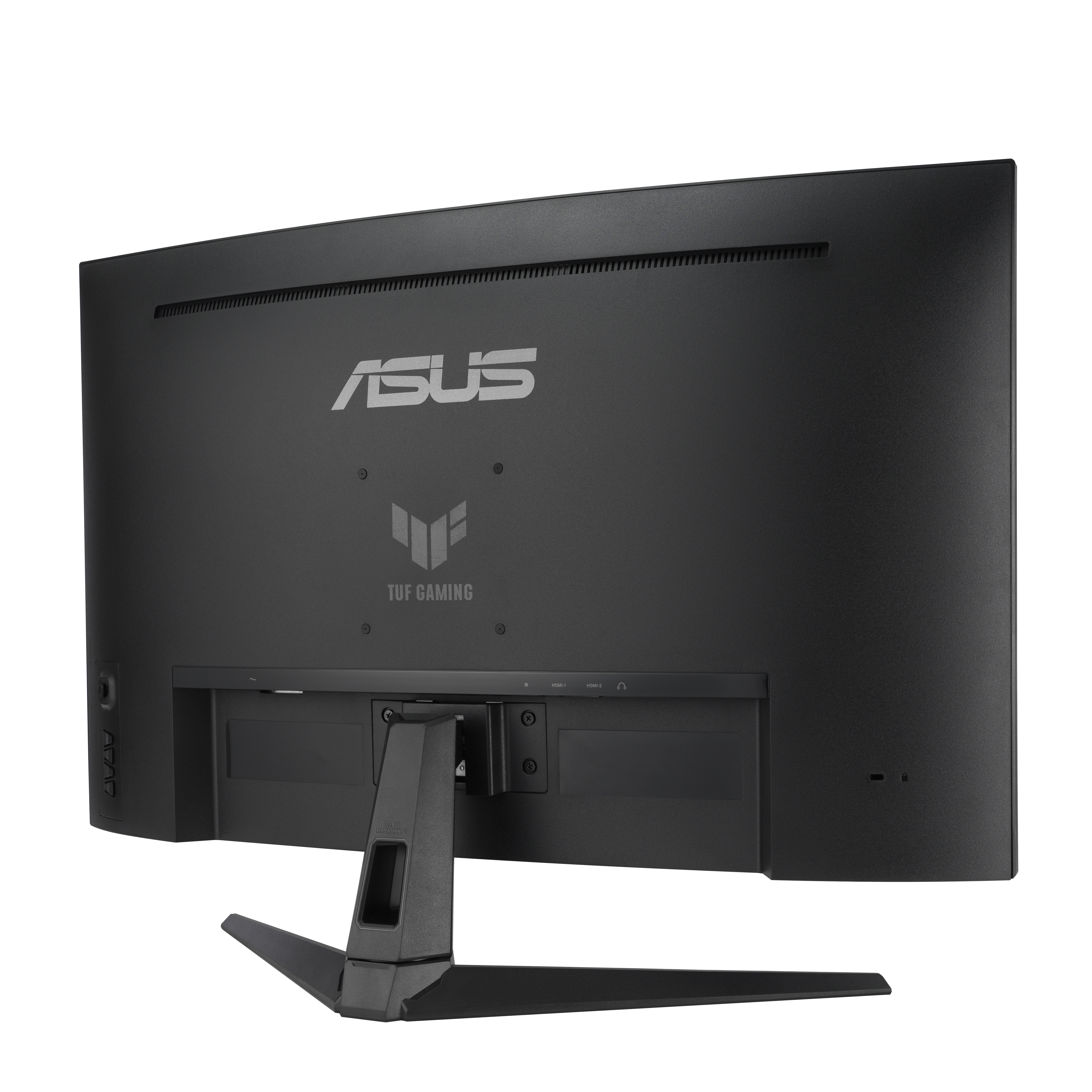 Rückansicht des schwarzen ASUS TUF Gaming Monitors. Mit ASUS- und TUF Gaming-Logos, Anschlüssen und einem Ständer. Gewölbtes Design.