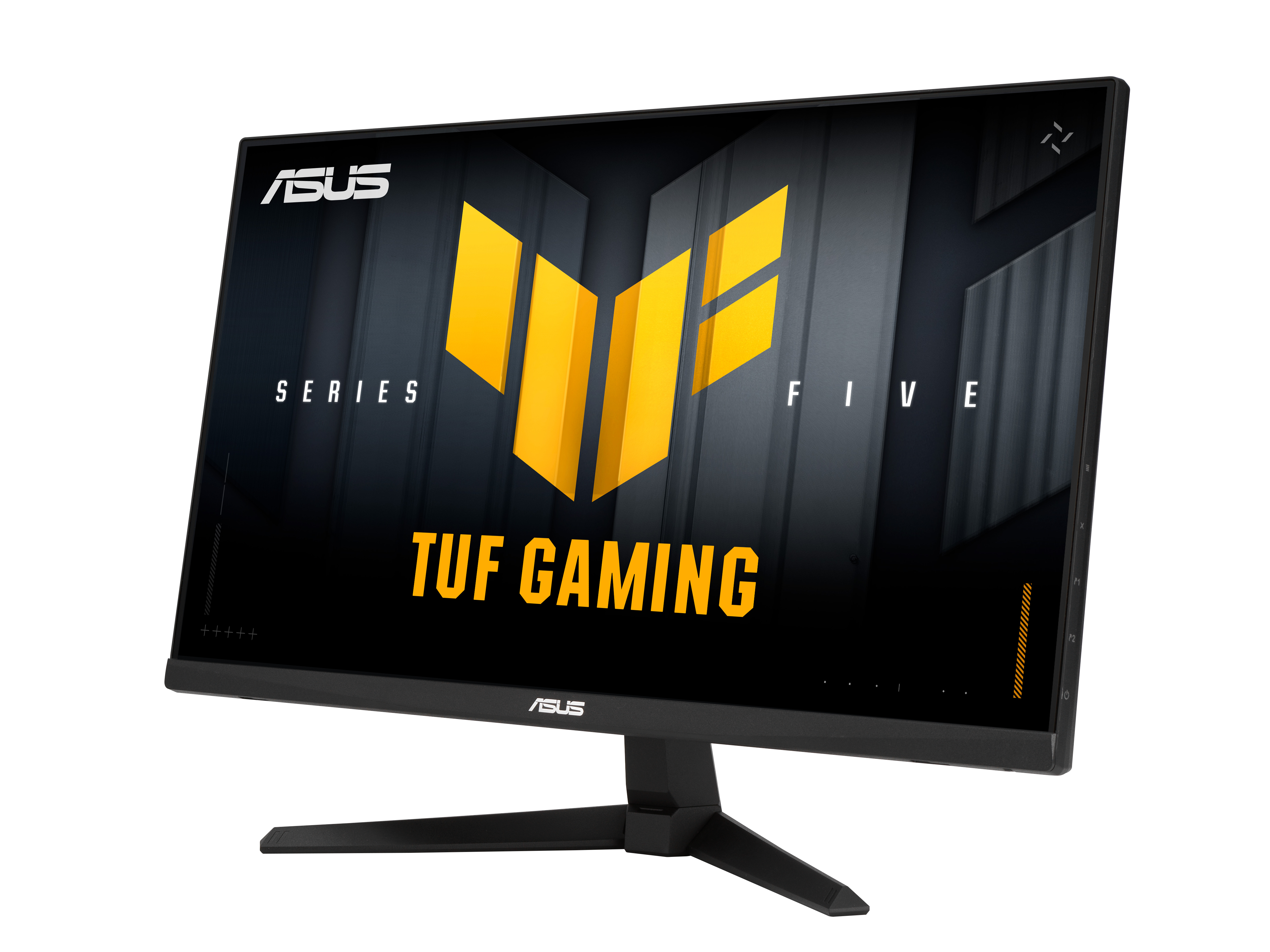 Monitor ASUS TUF Gaming. Czarna ramka, czarny stojak. Żółte i czarne logo na ekranie. Czarne tło.