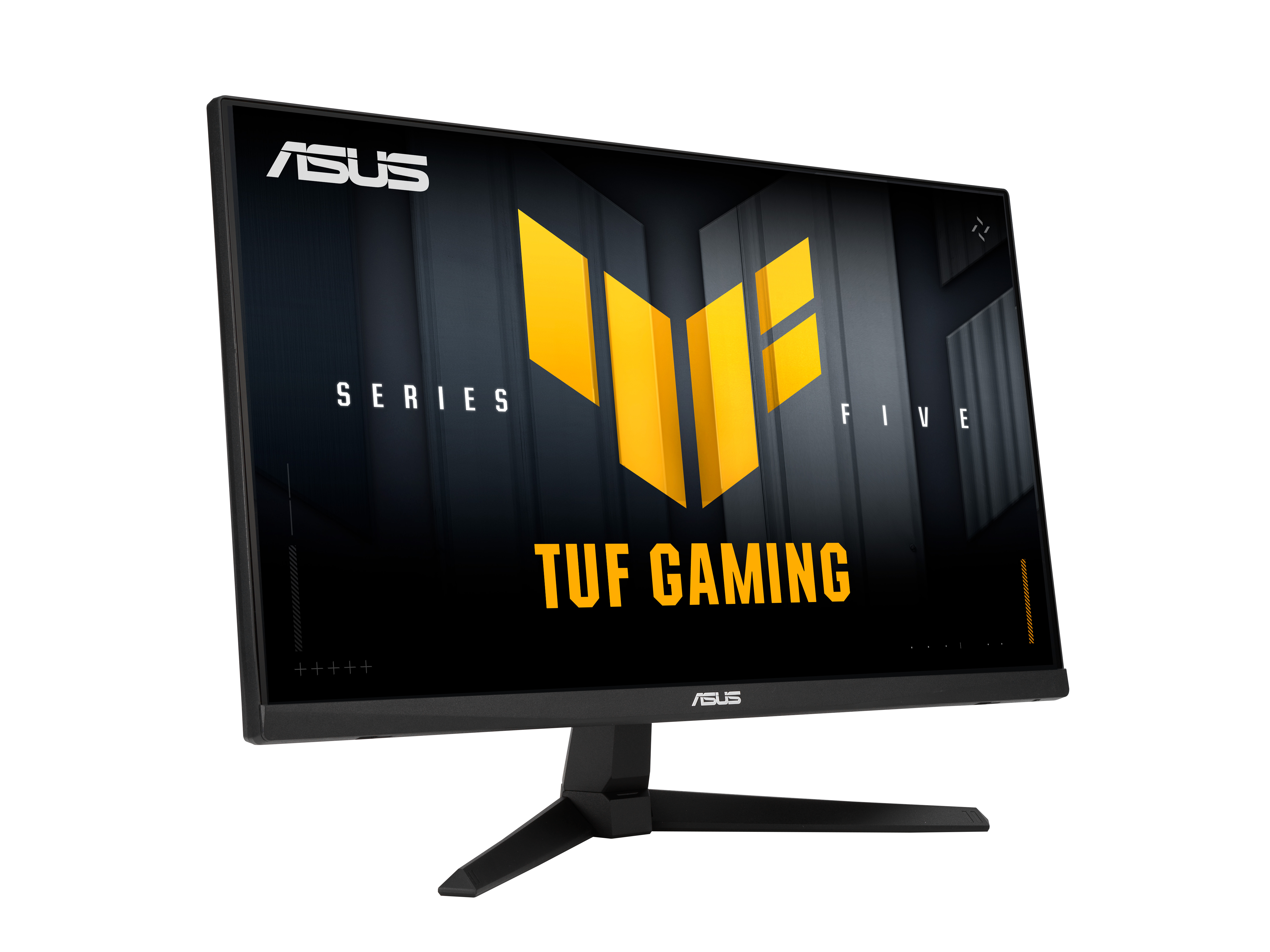 Czarny monitor z logo ASUS i żółtym logo TUF GAMING na ekranie. Tło jest czarne.