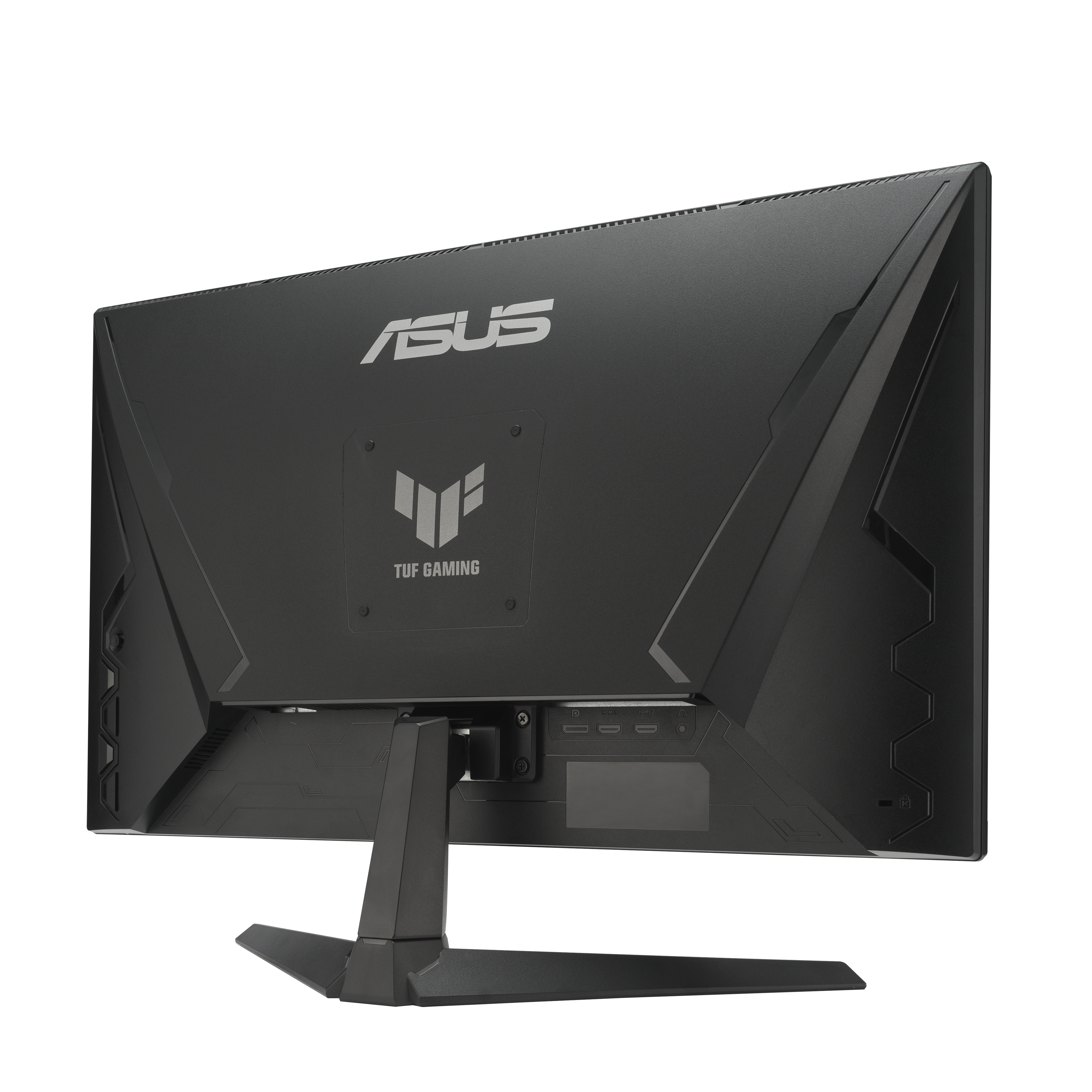 Schwarzer ASUS TUF Gaming Monitor Rückseite. Mit ASUS Logo, TUF Gaming Branding und verschiedenen Anschlüssen. Der Ständer ist auch schwarz.