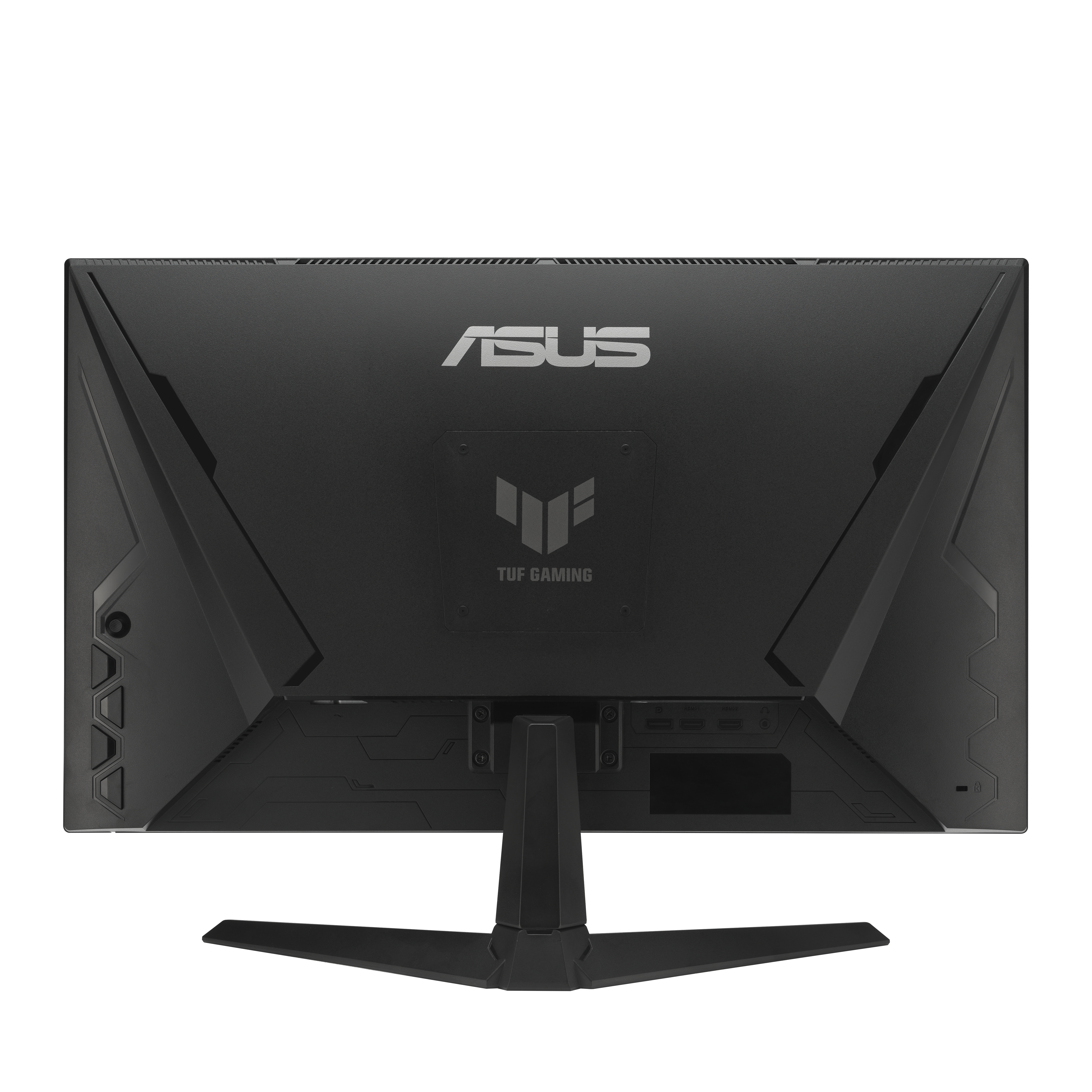 Rückansicht eines schwarzen ASUS TUF Gaming Monitors. Es hat das ASUS-Logo und das TUF Gaming-Logo auf der Rückseite.